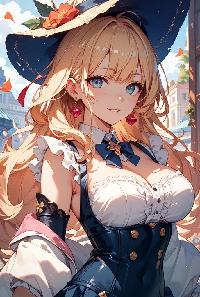 Adult Woman, Sexy Witch Cosplay, Long dark blonde wavy hair、off-shoulder knit, (Black Mini Pencil Skirt), Big hat、Medium milk, Blushing, Shy laughter, Bare shoulders、(Pose to lean forward and emphasize the chest)、(turned around)、sexy hips、sexy dark blue and red bra、((dark blue and red lace panties))、Red high heels、Luxurious magic wand and book、Church of the castle、sexy pose、((I can see all my panties))、((buttocks visible))、((embarassed expression))