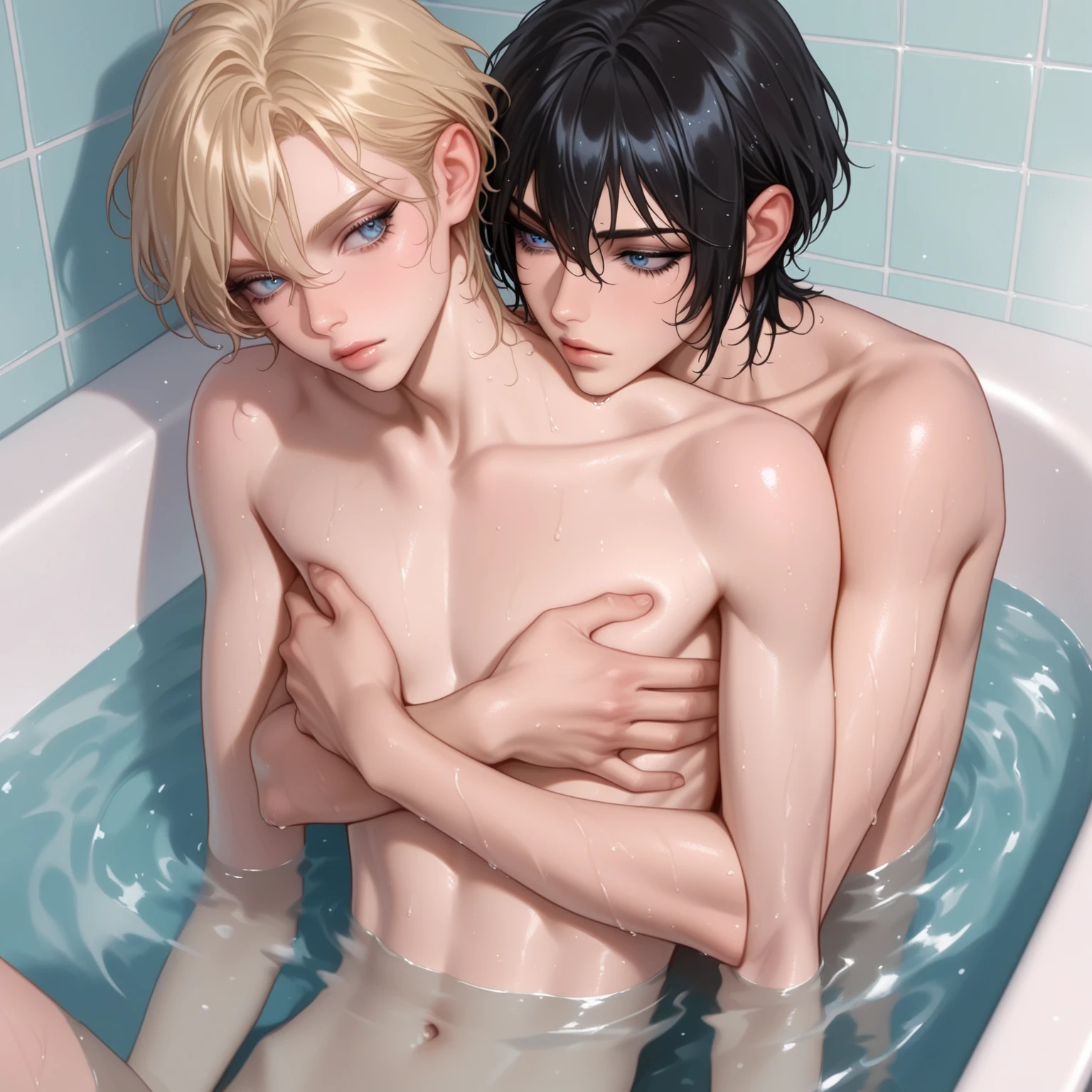 Two naked boys kissing,in the big Bathtub,one boy is Asian boy, one boy is super white skinned western boy with blonde hair, Raised sexy ,