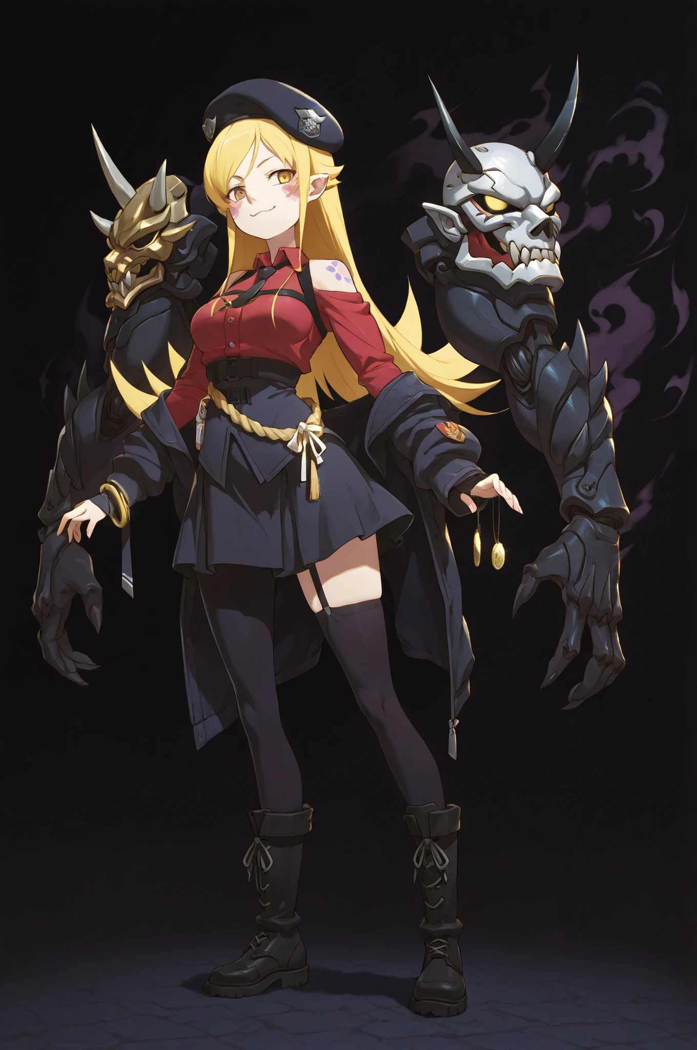 A single character, a character with the height of Oshino Shinobu from Monogatari Series, with medium breasts, a large butt, wide hips, and a small waist. Long blond hair with spiky, curved ends like Oshino Shinobu's from Monogatari Series. A provocative smile, clawed hands and feet, and slightly pointed ears, long black horns like those of a Japanese oni coming out of the forehead, mask of Kiriko Oni from Overwatch on the face, horns like those of Kiriko Oni from Overwatch, mask of Kiriko Oni from Overwatch on the face, horns like those of Kiriko Oni from Overwatch.
Black military jacket, detailed jacket, jacket with gold medals. Military underwear with a red blouse and black tie, a short black skirt. Long black stockings and black military boots. Jacket falling down the arms, shoulders exposed, black markings on the shoulders with reddish spots, black hands and arms with reddish spots, black hands with reddish spots, black arms with reddish spots, black background, Japanese oni behind the character as if made of black smoke, mask of Kiriko Oni from Overwatch on the face, horns like those of Kiriko Oni from Overwatch.
Red military beret tilted slightly to the side on the head. Golden eyes like Oshino Shinobu's from Monogatari Series. Eyes exposed. Golden bracelets on the wrists with broken chains on them, eyes with the same design as Sylpha Langlis from Tensei Shitara Dai Nana Ōji, blonde hair like Shinobu from Monogatari Series, a character with the height of Oshino Shinobu from Monogatari Series.