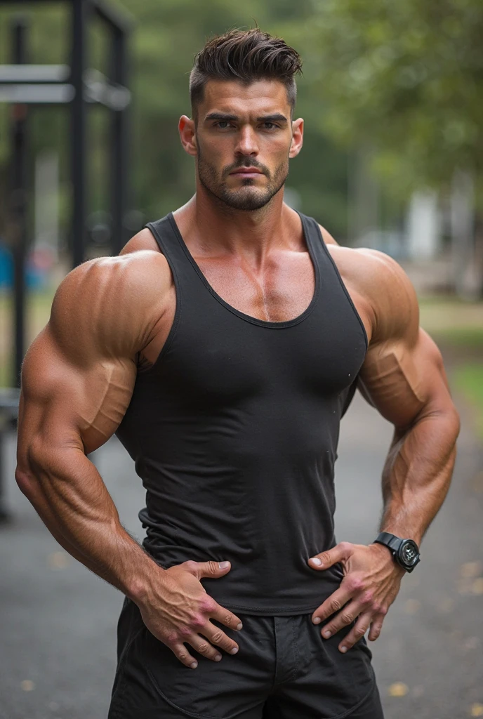 giant_this_guy, solo, blush, man bun, smile, arrogant look, upper body, male focus, grin, muscular, shirtless, hands behind head, big biceps, broad shoulders, large pectorals, outdoors, street, <lora:giant_this_guy-50:0.5>