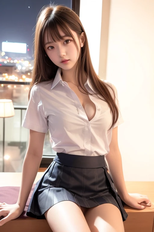 ultra highres,(reality: 1.4),highest quality, masterpiece, high detail, 16K quality, beautiful, 1 beautiful girl,japanese,super beautiful face,baby face,japanese idol face,cute face,super detailed face,detailed hand,beautiful skin,sweaty skin,big eyes,big smile,profeccional lighting,medium hair,black hair,brown beautiful eyes, sitting with knee up,legs spread,(skirt lift),medium breasts,white shirt,open button,cleavage,(checked skirt),(white panty),showing panty,black high socks,she is looking at the camera,classroom, nsfw,from front,