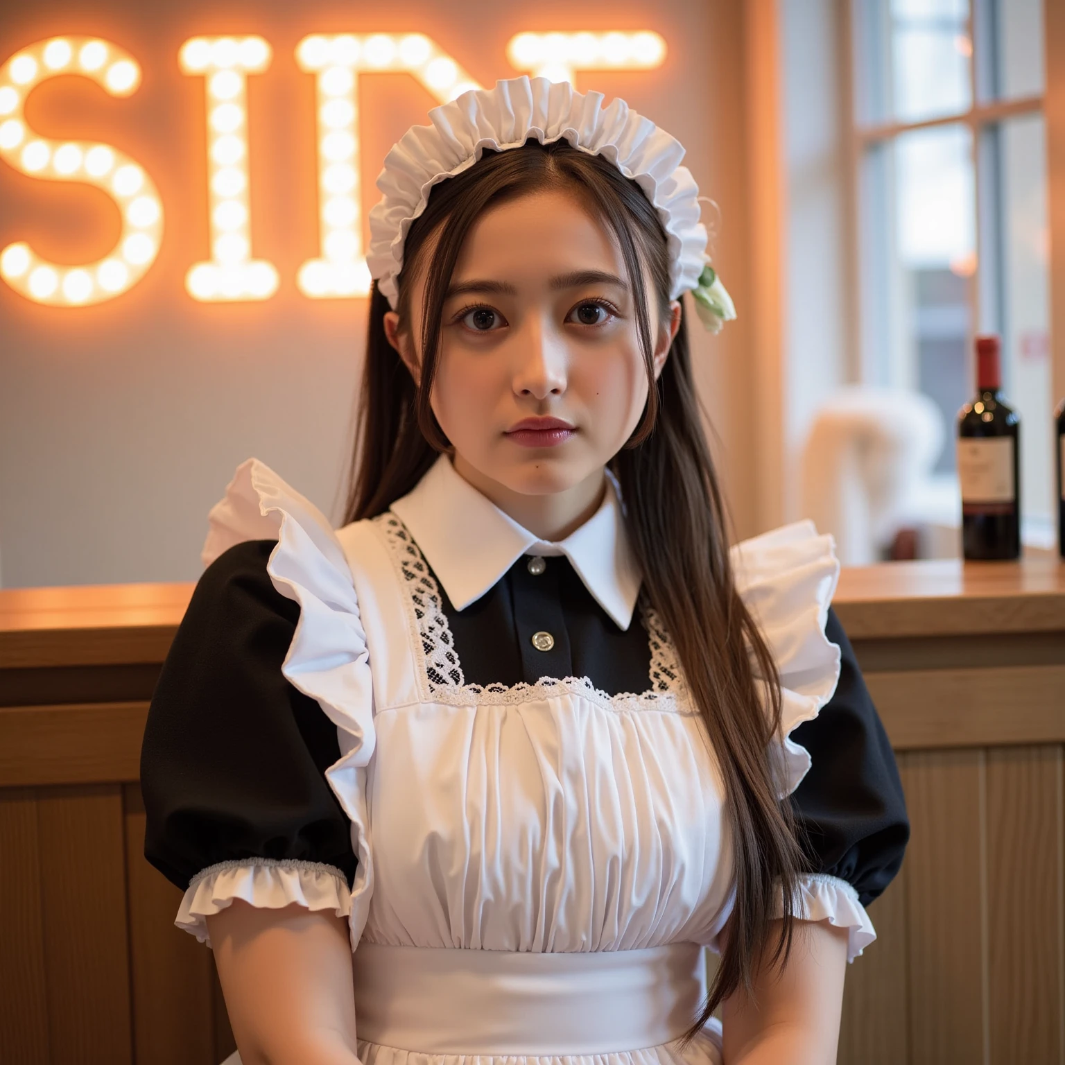 (Original Character、Unity 16K Wallpaper, Masterpiece, Best Quality, Ultra-Detailed, Extremely Detailed CG, Caustics, Cinematic Lighting, Detailed, Beautiful Detailed Eyes, solo, women), Ultra High Resolution, fine skin, (maid, maid apron, maid headdress,black maid skirt), (strong light)、oily skin,curby:1.2,Huge :1.2,mansion、(cowboy shot、above ,portrait),
