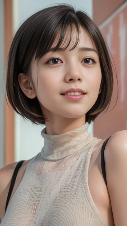 ikasa,19 year old young woman , Best quality, High resolution, Short hair, Black eyes, look at the viewer, wearing a red shirt , plain blue backgrown ,beauty, Highest quality , high resolution