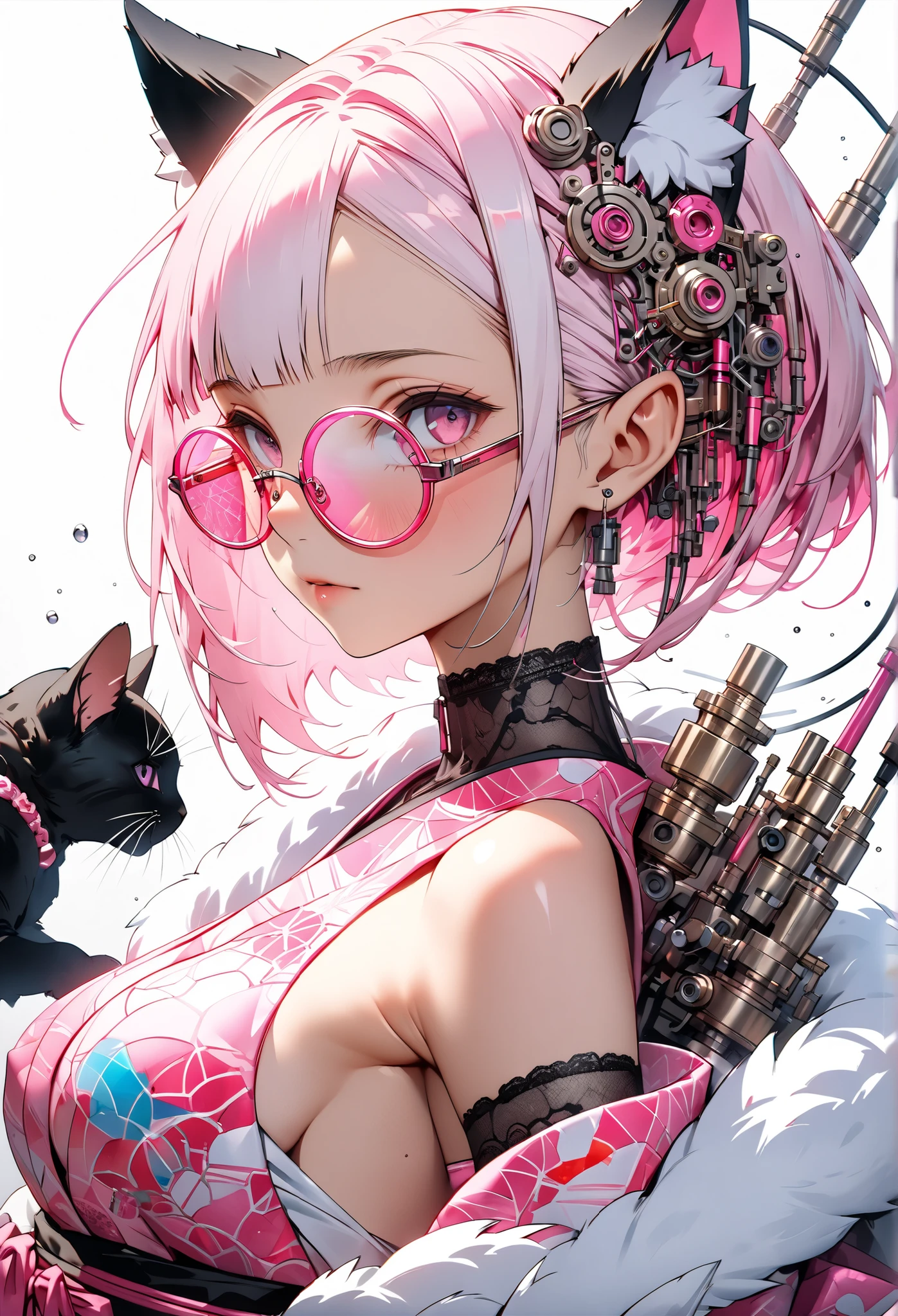 ether machine girl、Fluffy white fur grows from behind the ears Ears {x} pink similar to blood vessels connected to the neck and back Tube {x} intricate illustrations in an imaginative cyberpunk art style, Translucent white short hair (black cat ears) Stylish Watercolor Pink Pattern, She is wearing a beautiful kimono, (round pink glasses:1.2), transparent pink culture solution.pink and white mechanical body,, on white background , connecting the tube to an external machine、, Girl looking down,bust, Brush Blur Effect,( high quality, and high precision, 4K, 8k:1.5), ultra detailed.physical base rendering,Ultra-fine coating,Cinematic Lighting, Vivid, and vivid colors, professional shooting resolution,Award-winning、sexy、Erotic、open shoulders、thighs、Nipples、オープンbust、close-up from below、There are no black cats