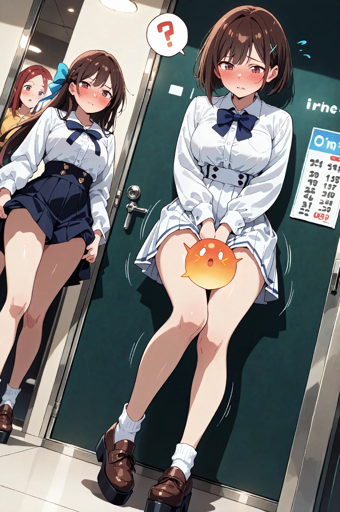 score_9, score_8_up, score_7_up, score_6_up, score_5_up, score_4_up, (extremely detailed and high-quality illustration), (best lighting effects, ultra-realistic), BREAK, several young girls, waiting in a line, long bathroom line, beautiful medium breasts, shiny skin, (flipped-out bob), (long-sleeve blouse with oversized bow tie at neckline, puffed shoulders and voluminous sleeves tapering into smocked cuffs with covered button details, high-waisted white pleated medium skirt, ankle socks with scalloped edges, leather platform loafers with ribbon laces and chunky soles), (she forced to hold her pee), (trying her best to hold pee in:1.3), (expression of worried and panic:1.1), squinting, parted lips, (urgent in deep panting), spoken filled bladder, (Impatience:1.2), (embarrassed), humiliated, learning forward, fidget pee dance, Quickly shifting from foot to foot standing on one leg, (double-cross legs), (skirt squeeze thighs:1.5), (She focuses only intense hold her crotch:1.4), full body, dramatic angle,