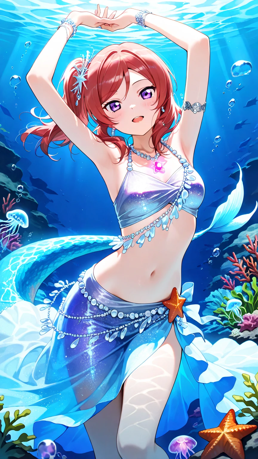 nishikino maki,best quality, wavy hair, ultra high res, 1girl, full body, bare shoulders, half body under water,cinematic angle,from behind,thigh gap,cleavage,revealing,see-through,professional lighting,thighhighs,sailor collar,necklace,