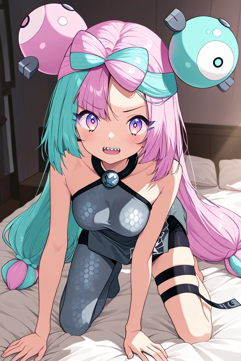 Focus,arms behind back、hair ornament bangle saliva secretion, Drooling, Nipples are visible, Crying face, Panty stocking, Juice, Juice drips from clothes, femdom, BDSM,(Black blindfold, ball-gag, Gagged:1.2), (object insertion,Wet, Bedrooms, crawl on all fours in the bedroom,
