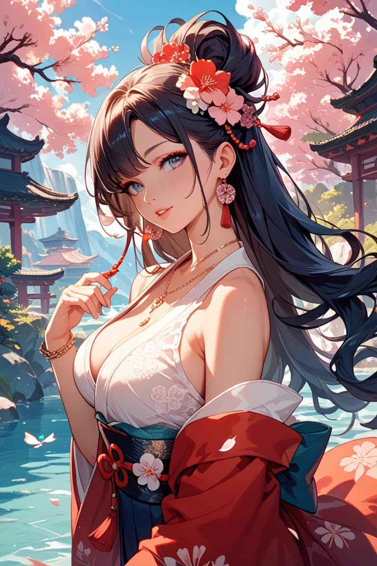 ((worst quality, low quality)), ((Close-up)), (with a girl:1.2), (big breasts), (black haired, shortcut:1.3), (dynamic pose:1.2),plump and glossy lips, beautiful clear eyes, (best smile), spoken heart, (perfect hands:1.2), (red and pink theme:1.4), (Japanese courtesan with a girl:1.3), (Comes with maxi length red kimono [pink] heart:1.4), (Highly detailed and colorful embroidery and fancy patterns:1.3), (off shoulder:1.4), (ability:1.2), (flashy hair ornament:1.3), ((super huge ribbon:1.2) in front of your waist:1.3), low angle shot, (The dazzling setting sun, Sunset sky:1.4), (cherry tree background:1.2), (Cherry blossoms in the four corners like a frame:1.2), highest quality,super detailed, masterpiece,