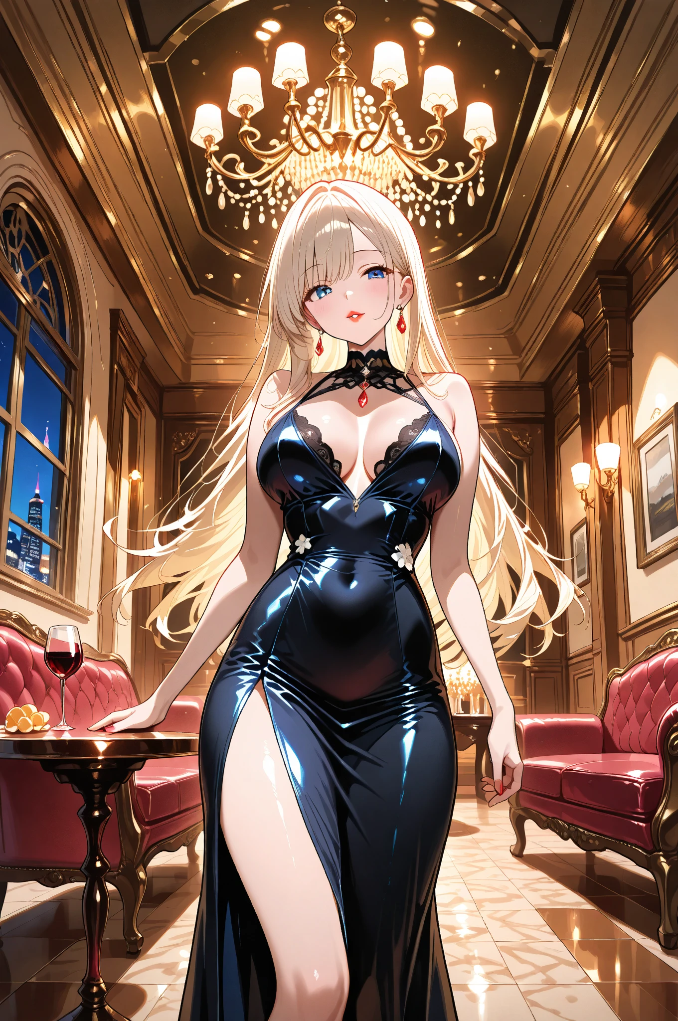 Illustration, detailed illustration, ultra detailed, dynamic angle, cowboy shot, 22 year old girl, beautiful, platinum blonde, long hair, wavy hair, cold blue eyes, pale skin, emotionless, disdainful, fancy restaurant, black formal dress, sitting, wearing engagement ring, showing ring to viewer, looking down at viewer, 1man, man kneeling, man proposing to woman