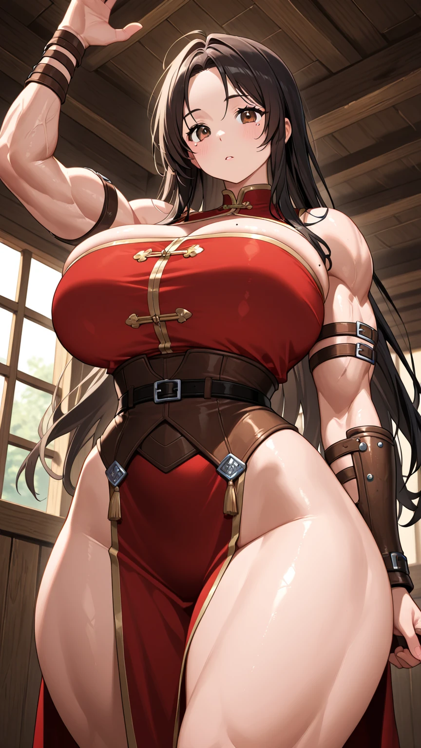 Hentai、High resolution、Colosseum in ancient Rome、Defeated plump female gladiator with huge breasts、Perfect proportions、Cowboy Shot、Fatty thick legs、Sweaty、Clear eyes