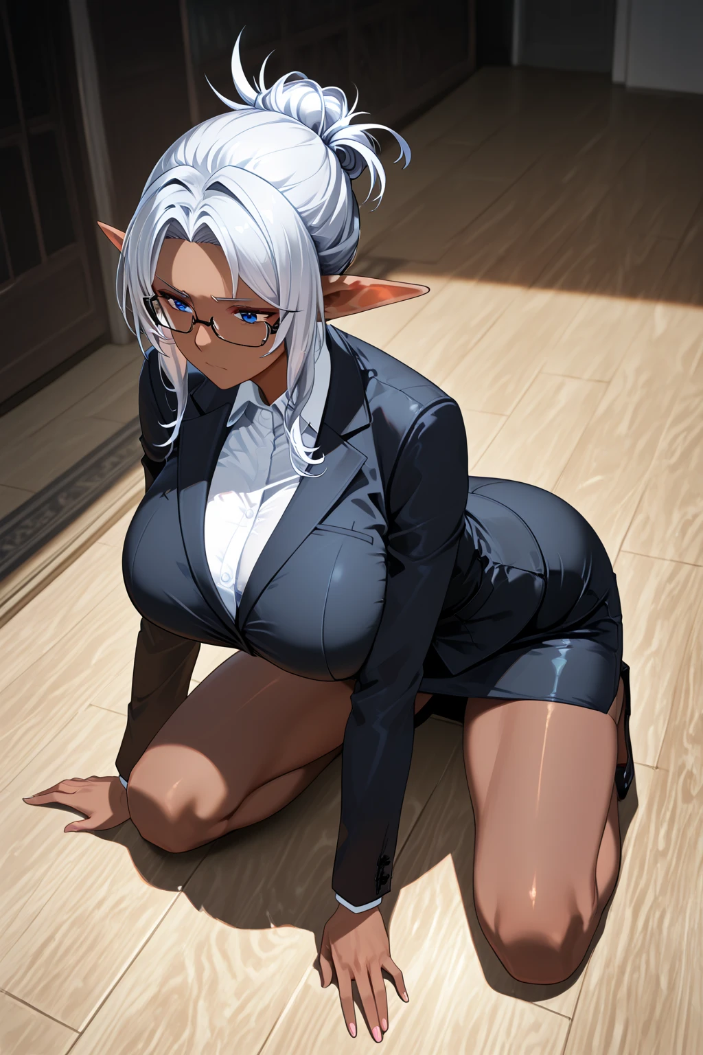 beautiful, masterpiece, (best quality:1.2), perfect eyes, (demon girl:1.2), (mature female:1.3), 1girl, (gigantic breasts:0.6), white hair, (bedroom), (covered nipples:0.7), bodysuit, black-framed eyewear, (wide hips:0.3), cross necklace, covered nipples, feet focus, (detailed lips:1.3), pointy ears,