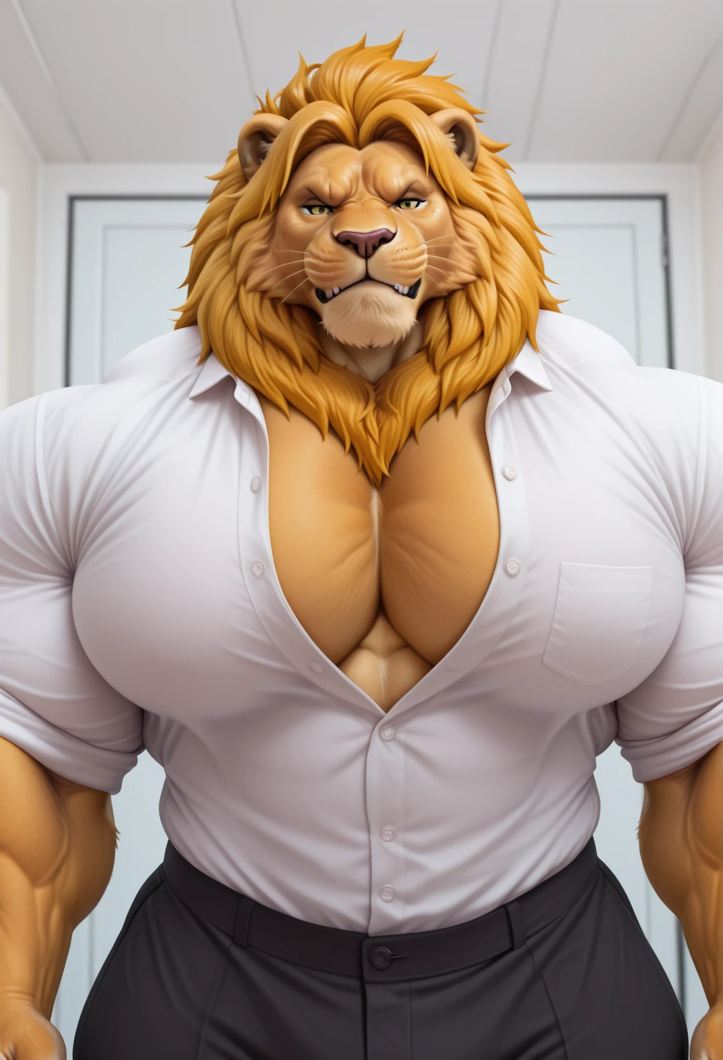 a very obese male lion with a long blonde mane, extremely detailed eyes, extremely detailed paws, long fur, very hairy, a big and extremely fat belly, very muscular arms, wearing a tight jockstrap, watching TV in a luxurious room, just face portrait, face portrait realistic, realistic, photorealistic, 8k