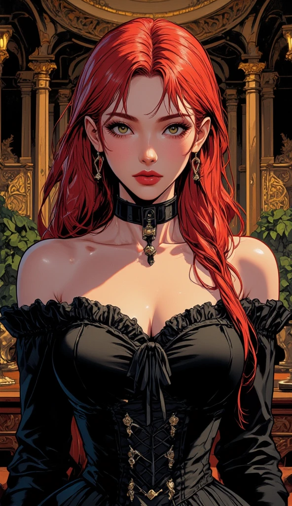 (quality, masterpiece, colorful, dynamic angle, highest detailed) (official art, extreme detailed, highest detailed)ression, long dark red hair, small breasts, mischievous eyes, wearing pelvic curtain, black clothes, chains, bracelets all over arms, (((very slender body, petite))), haughty expression, slutty, revealing clothing, chain mail bikini, visible thong straps, bratty