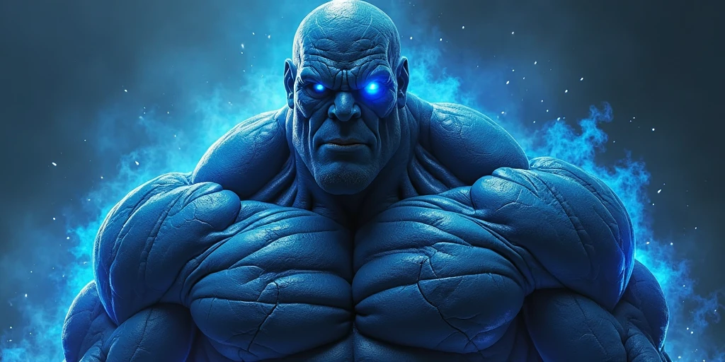 Superhero. Massively muscled, shoulders three times as wide as his narrow waist. Eyes glowing blue. M insignia on his chest
