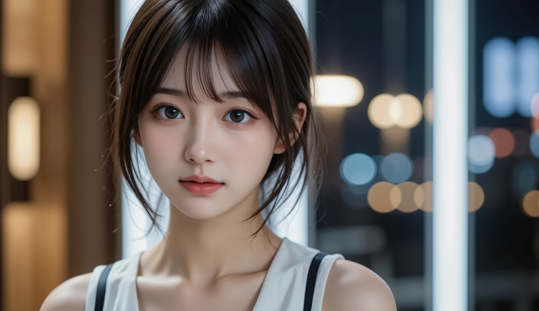 (8K, RAW photos, Photorealistic: 1.25), (Gloss on lips, eyeslashes, shining face, Shiny skin, Top quality, 超高分辨率, Depth of field, color difference, Caustics, Broadlighting, naturalshadow, Kpop idol) gentle, goddessy happiness watching viewer, maid, Miniskirt
