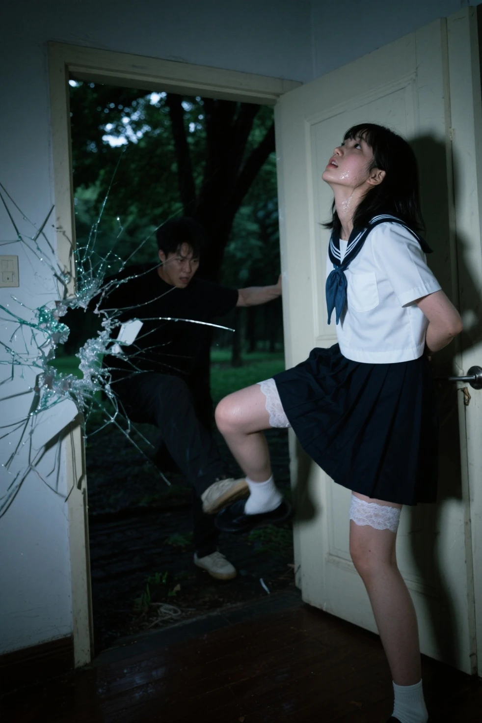 realistic image of a girl 17 year old Using Black hoodie and long black skirt with purple shoes, wearing a blue headset, being beaten by a man using a knife