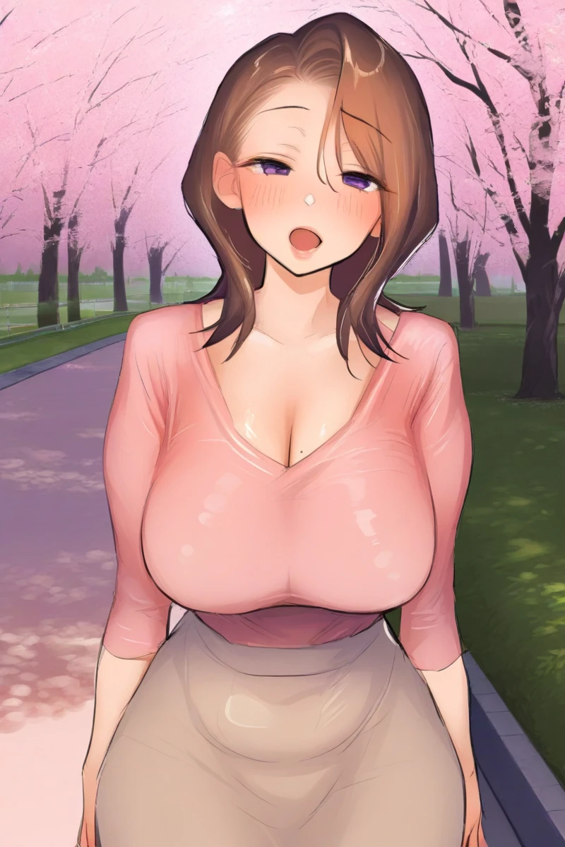 Brown hair woman, busty, (naked), ((with no clothes on body)), big breast, standing, pubic hair, thicc, beautiful finger, beautiful nose, beautiful face, masterpiece, soft skin, high quality, bare shoulder, blush face, smiling, sweating, hand on chest, forest background, soft lightning.