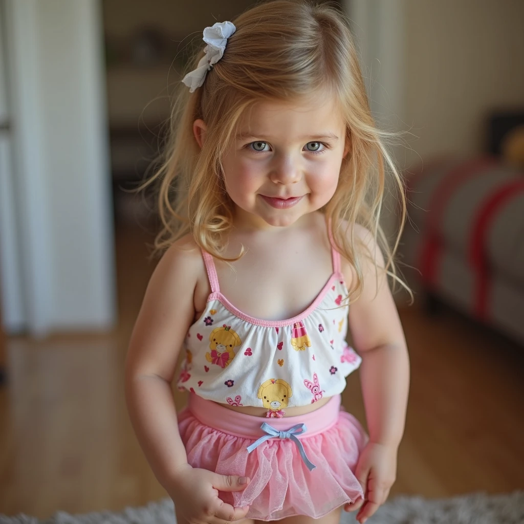 Ultra realistic photo of a completely naked eight-year-old preteen gymnast girl with muscular body and muscular legs and glutes, longos cabelos loiros amarrados, ver de volta corpo inteiro, Retrovisor de corpo inteiro, laughing looking back, Anatomia realista, aumentar a textura da pele, otimizar a textura da pele, cinemactic, Lente 35mm, F/1.8, highlight lighting, global illumination –uplight –v 4, Full Body Retrospective Eight-year-old preteen gymnast girl, ver de volta corpo inteiro, pernas musculosas, ver corpo inteiro nu, no clothes, roupas Fora