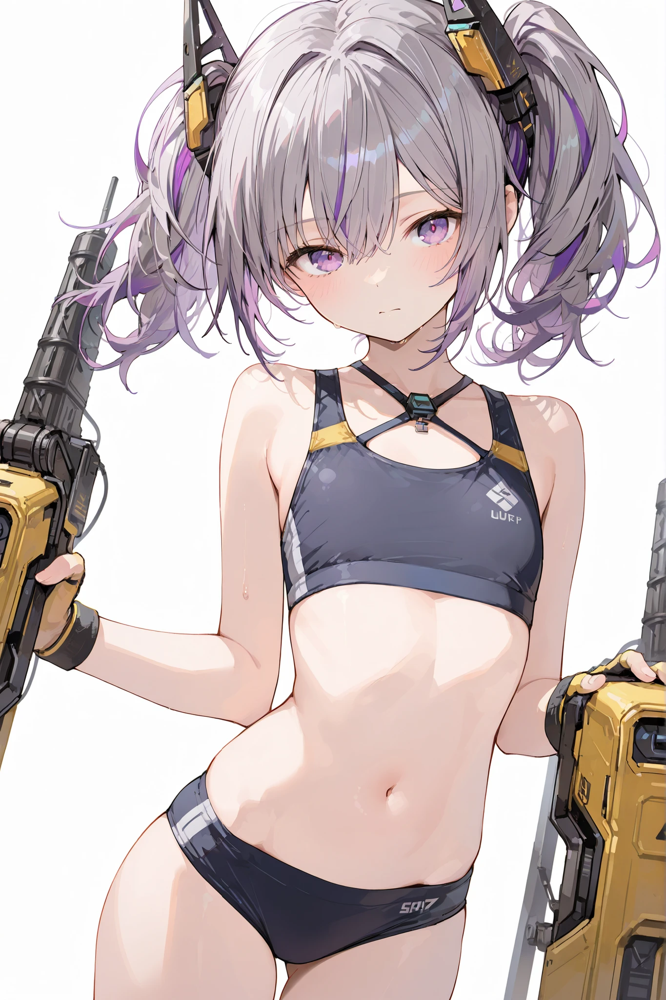 score_9, score_8_up, score_7_up, source_anime,masterpiece,perfect anatomy,high resolution, ultra-detailed,beautiful detailed eyes,dutch angle,absurdres,white background, nikkedrilley, twintails, grey hair, purple hair, purple eyes,flat chest,head gear,sports bikini,cowboy shot,