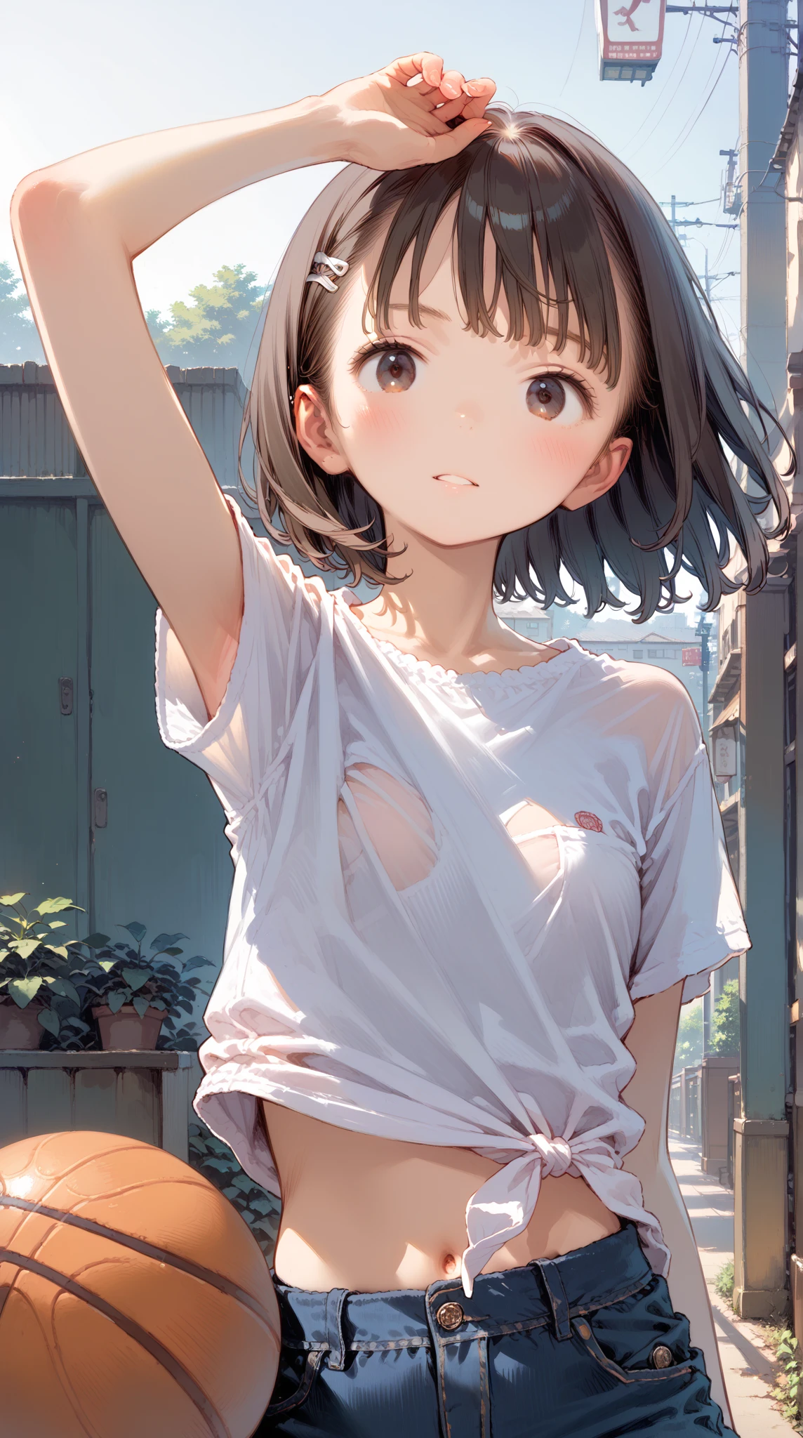 nsfw,1girl,18yo,perfect hands, perfect finger,perfect anatomy, masterpiece, best quality,realistic, hyperrealistic, 16k hdr,, aamii, short hair, black hair, blue eyes, glasses, (no bra,no panty, T-shirt,denim mini skirt:1.2),(lift up T-shirt),outdoor, from below,(sweat:1.3),(red blush, smile),small breasts,necklace,(leaning forward,squatin:1.2,pubic hair:1.3),(wink),(peace sign:1.3),