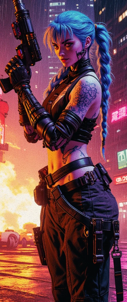  cyberpunk style, a panorama, pretty jewish woman in ((traditional Russian costume)), tattoed, [painted face], grenade, complex background, rockets, tanks, explosions, smoke, highly detailed,