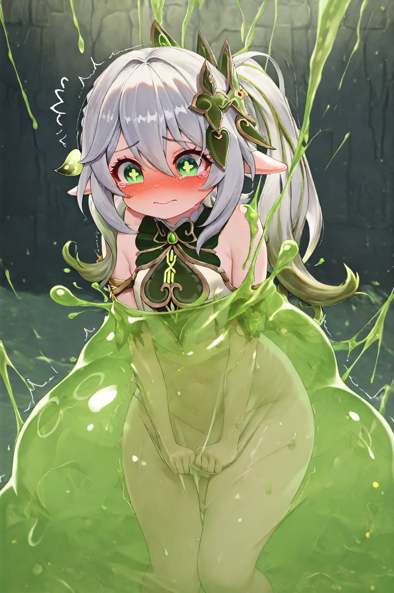 (top-quality、masterpiece:1.2)、realisitic、ultra-detailliert、Idol's Eyes、(Nasal blush)、(Long:1.2)、Beautiful swordsman with tattered clothes、The appearance of the brave、Confront green slime that melts clothes like burning、inside a cave、Slime prevails、Beautiful swordsmen are inferior、Glowing face、Clothes melt with sulfuric acid attack of slime、Full body posture、Battle scene between a beautiful swordsman and a slime、A beautiful swordsman who slashes at slime、buttle、Vicious slime、Dazzling slashing、Damage to clothes、war cry、fights、karo、