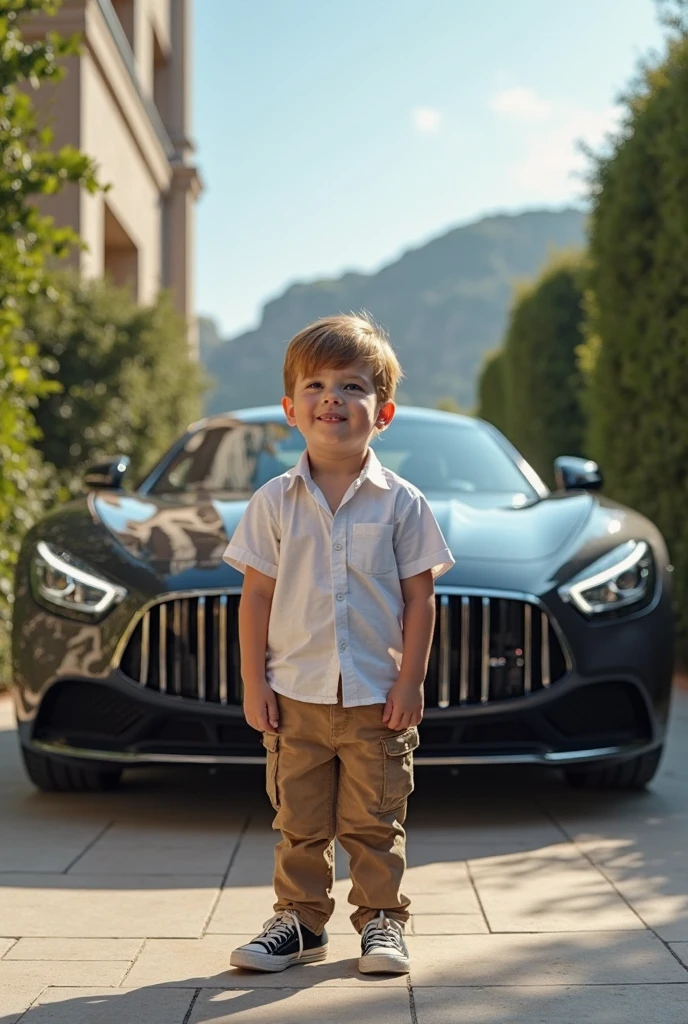 Mercedes car with cute kid in suit standing on top in full body realistic fashion show