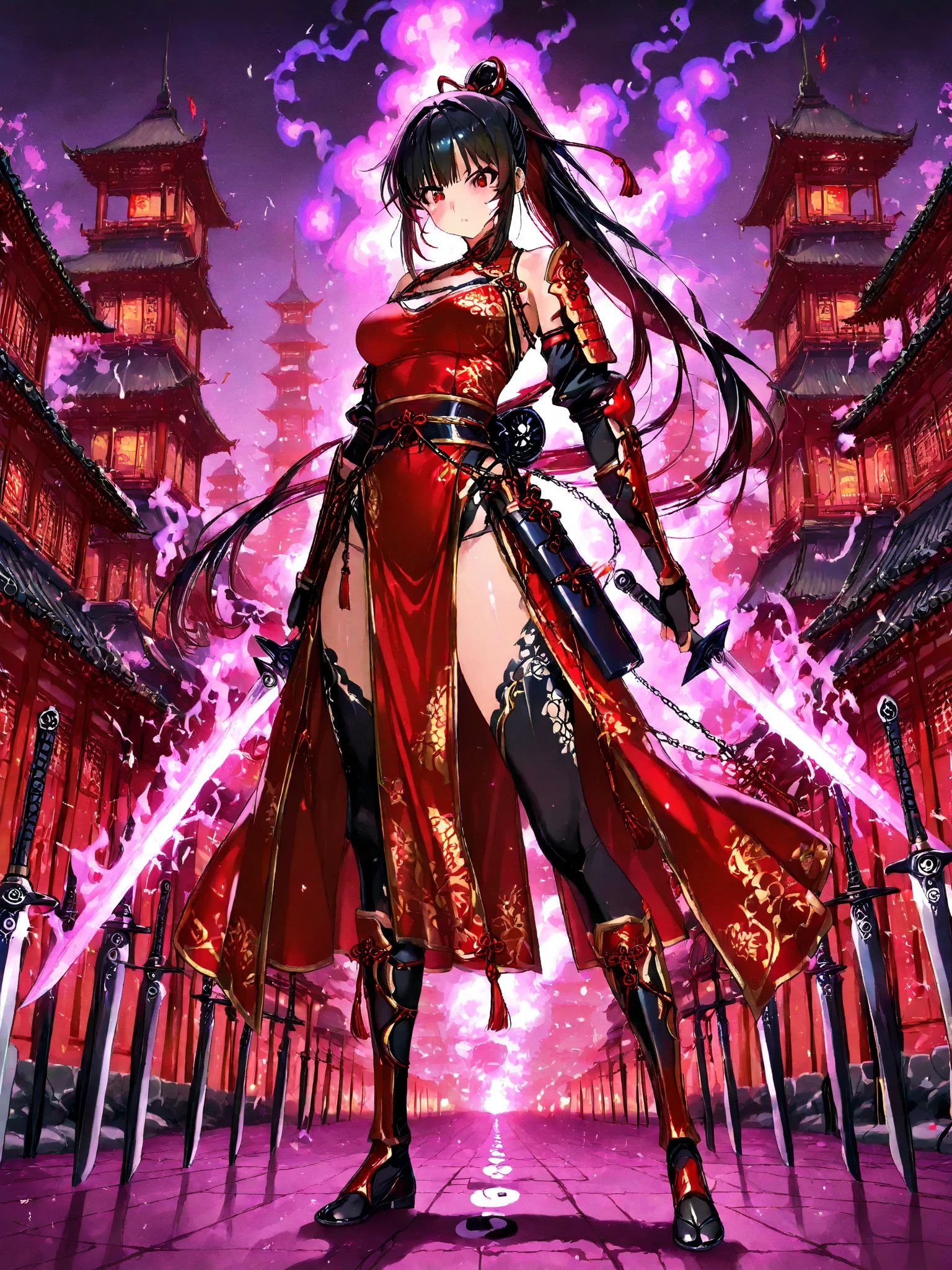 A black-haired woman wearing a shrine maiden outfit with slits in the legs Has a revolver-type handgun Thigh-high boots