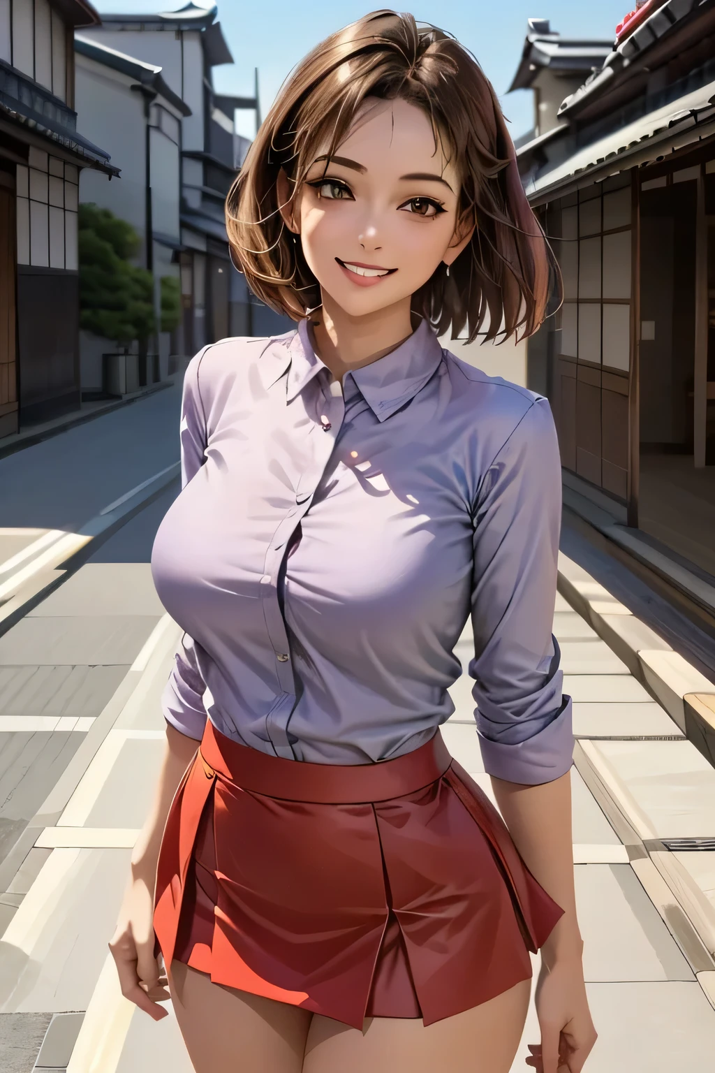 (1. The Ultimate Beauty), Very detailed face, beautiful brown eyes, Double eyelids, eyelash, grin, Slightly thick detailed lip, Black Short Hair, (Light purple blouse:1.2), (Red tight mini skirt:1.4), (big breasts), A gentle smile, Thighs, Perfect lighting, (Realistic:1.4), (Very detailed), (Best Quality), (Best Shadow), (masterpiece), Ultra-high resolution, ((background: famous spot in Kyoto))