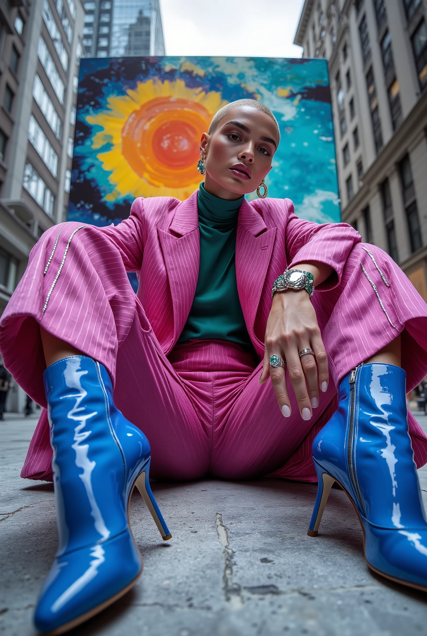 8k, hyper-realistic, photorealistic, hdr,
A hyper-realistic fashion portrait in 8K HDR format, shot in a futuristic urban setting at a low angle to emphasize strength and personality. A model, an androgynous woman with flawless, radiant skin and an avant-garde haircut, she confidently sits on a mirrored podium in the middle of a modern city square. Her pose is truly relaxed, with one hand resting on a bent knee, creating an atmosphere of luxury and self-confident arrogance. She is wearing a double-breasted orchid-colored suit with thin silver metal inserts, the jacket is unbuttoned, revealing an emerald-green silk blouse. Wide, figure-hugging trousers are elegantly combined with eye-catching blue patent leather ankle boots with high heels, which dominate the foreground due to their bold color and sculptural shape. Minimalist jewelry — massive platinum rings and an emerald cuff in the ear — add a touch of luxury. Her expression is cold and slightly aloof, her lips are painted a deep berry shade, her eyebrows are perfectly outlined, and her bald head glitters in the soft, diffused city light. Behind her stands a large abstract art installation in Andy Warhol colors, the glossy surface of which reflects the color and modernity of her shoes, creating a spectacular accent and emphasizing the aesthetics of luxury. The color palette is an exquisite combination of colors against a futuristic urban landscape. The overall mood is modern, luxurious and, undoubtedly, unusual, with avant-garde notes that emphasize a bold personality and high-class style.