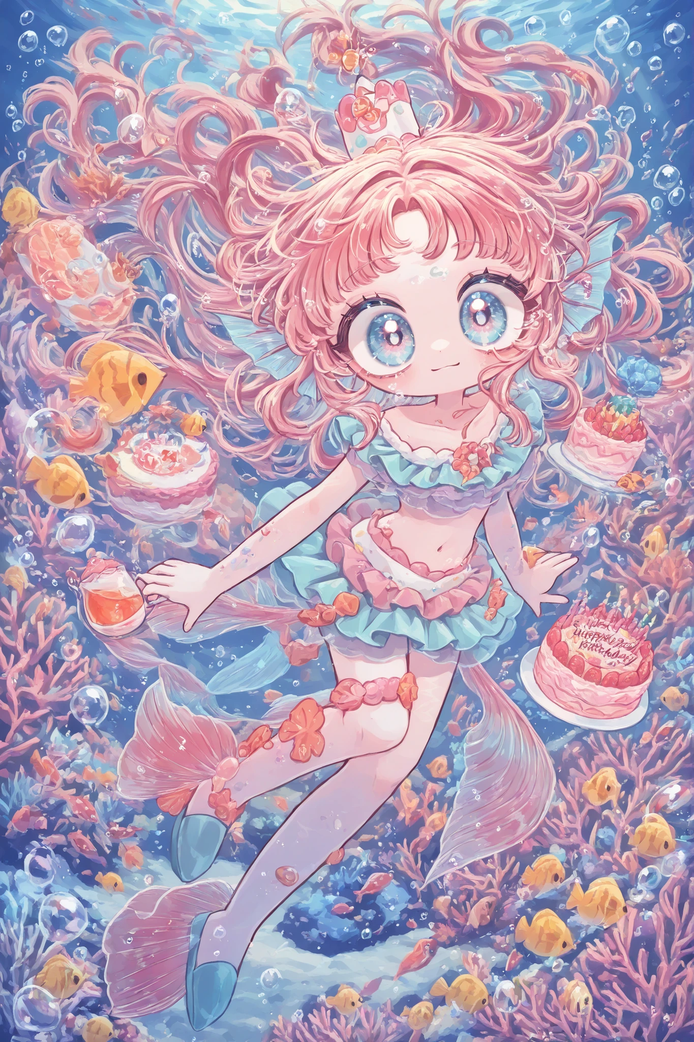 (edanoma_meu_illu,) 4 Mermaids, fish tails, ear fins. Birthday party, cake,party, tea. Underwater, coral reef, rare tropical fish and exotic marine corals. Air bubbles.
