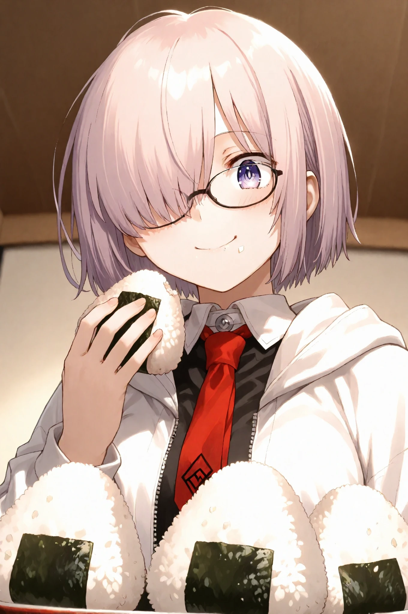 onigiri, rice-ball, one woman, mash, glasses、Smile Yan, White collar、black shirt、white hoodie、red tie, hair over one eye, Happiness、 Mash eating rice balls、Open your mouth、from below