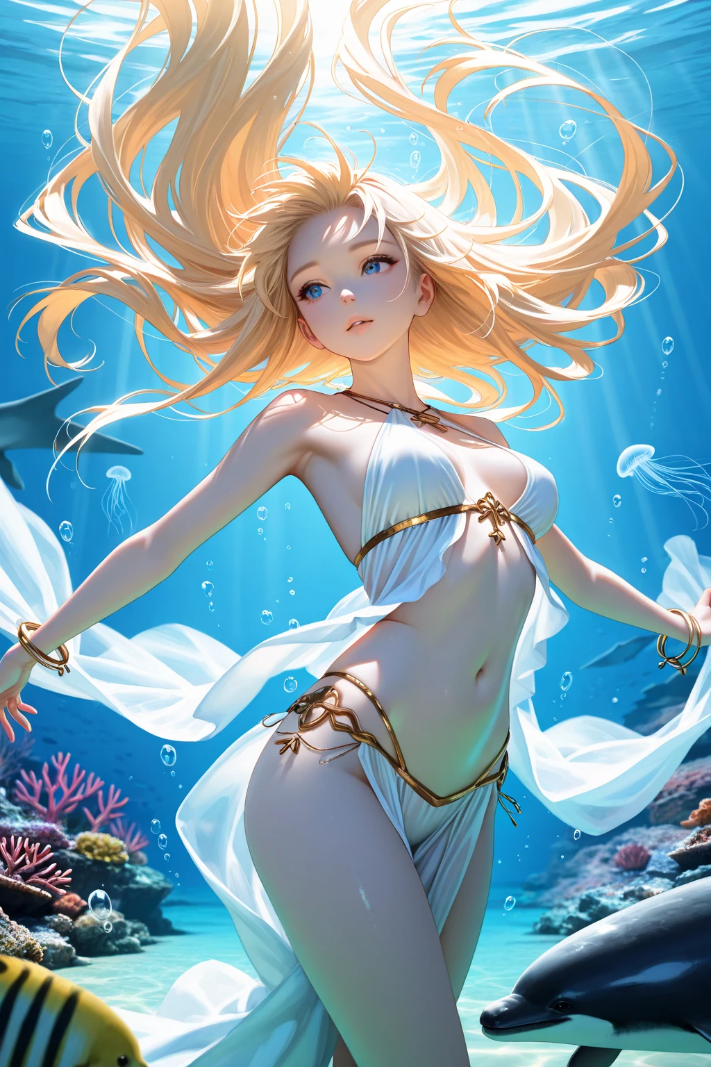 ( Absurd , high quality , Super detailed, Watch your hands )Zodiac sign - Gemini Goddess , Similar to the goodness of Latin , alone .  Curious, Skillful, Humorous, Fascinating, Imaginative faces , Sometimes unrealistic, Restless, Nervous, Careless style , mature , Light brown eyes , Long Hair , Light blonde hair , Transparent Dress , Lace Lingerie , In the windy sea , whole body , Sexy expression ,
