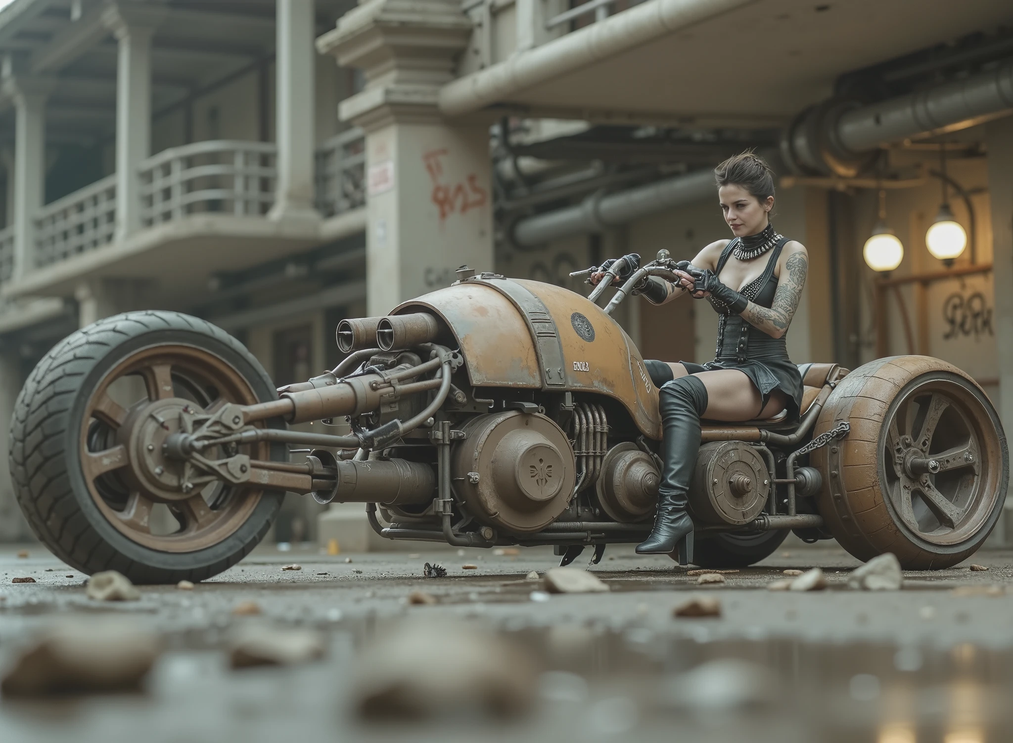 The image shows a desolate scene with a seated woman, tilted and taking the handlebars to adapt to speed on a uniquely designed motorcycle that embodies a steampunk or post-apocalyptic aesthetic. The motorcycle is sturdy, has only 2 sturdy all-terrain wheels, with a mix of exposed mechanical components, are evident such as large barrels and intricate pipes, with a worn palette of rusty colors and graffiti that hint at its robust durability. The woman, dressed in a striking and small sensual and gothic outfit in black leather with straps and chains, as well as punk jewelry and industrial calf boots., radiates confidence with her miniskirt. Her outfit suggests a rebellious and daring style wearing lots of punk silver jewelry and showing off her Aztec tattoos, to complement the intense environment. The remote desolate and deserted background, which contrasts with the elegance of the motorcycle. The ground is wet, possibly due to the recent rain, that reflects light weight and that contributes to changing environment of the scene. Elements of dirt and decay are evident, but the composition retains a sense of dynamic action and adventure.