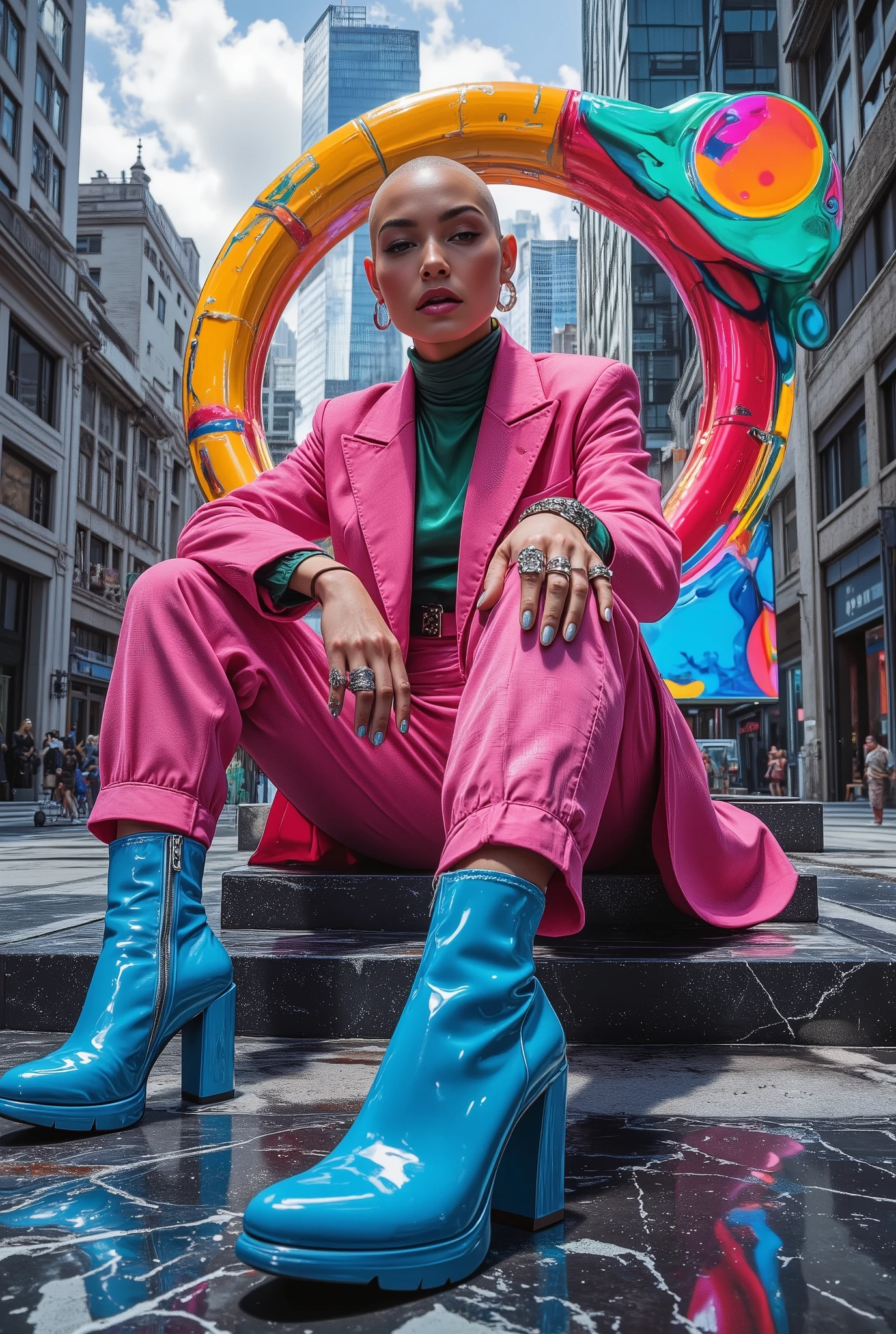 8k, hyper-realistic, photorealistic, hdr,
A hyper-realistic fashion portrait in 8K HDR format, shot in a futuristic urban setting at a low angle to emphasize strength and personality. A model, an androgynous woman with flawless, radiant skin and an avant-garde haircut, she confidently sits on a mirrored podium in the middle of a modern city square. Her pose is truly relaxed, with one hand resting on a bent knee, creating an atmosphere of luxury and self-confident arrogance. She is wearing a double-breasted orchid-colored suit with thin silver metal inserts, the jacket is unbuttoned, revealing an emerald-green silk blouse. Wide, figure-hugging trousers are elegantly combined with eye-catching blue patent leather ankle boots with high heels, which dominate the foreground due to their bold color and sculptural shape. Minimalist jewelry — massive platinum rings and an emerald cuff in the ear — add a touch of luxury. Her expression is cold and slightly aloof, her lips are painted a deep berry shade, her eyebrows are perfectly outlined, and her bald head glitters in the soft, diffused city light. Behind her stands a large abstract art installation in Andy Warhol colors, the glossy surface of which reflects the color and modernity of her shoes, creating a spectacular accent and emphasizing the aesthetics of luxury. The color palette is an exquisite combination of colors against a futuristic urban landscape. The overall mood is modern, luxurious and, undoubtedly, unusual, with avant-garde notes that emphasize a bold personality and high-class style.