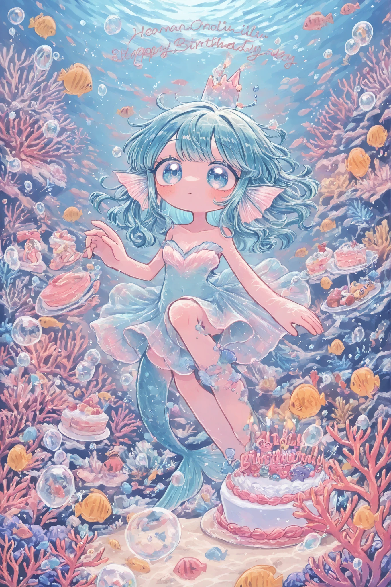 (edanoma_meu_illu,) 4 Mermaids, fish tails, ear fins. Birthday party, cake,party, tea. Underwater, coral reef, rare tropical fish and exotic marine corals. Air bubbles.