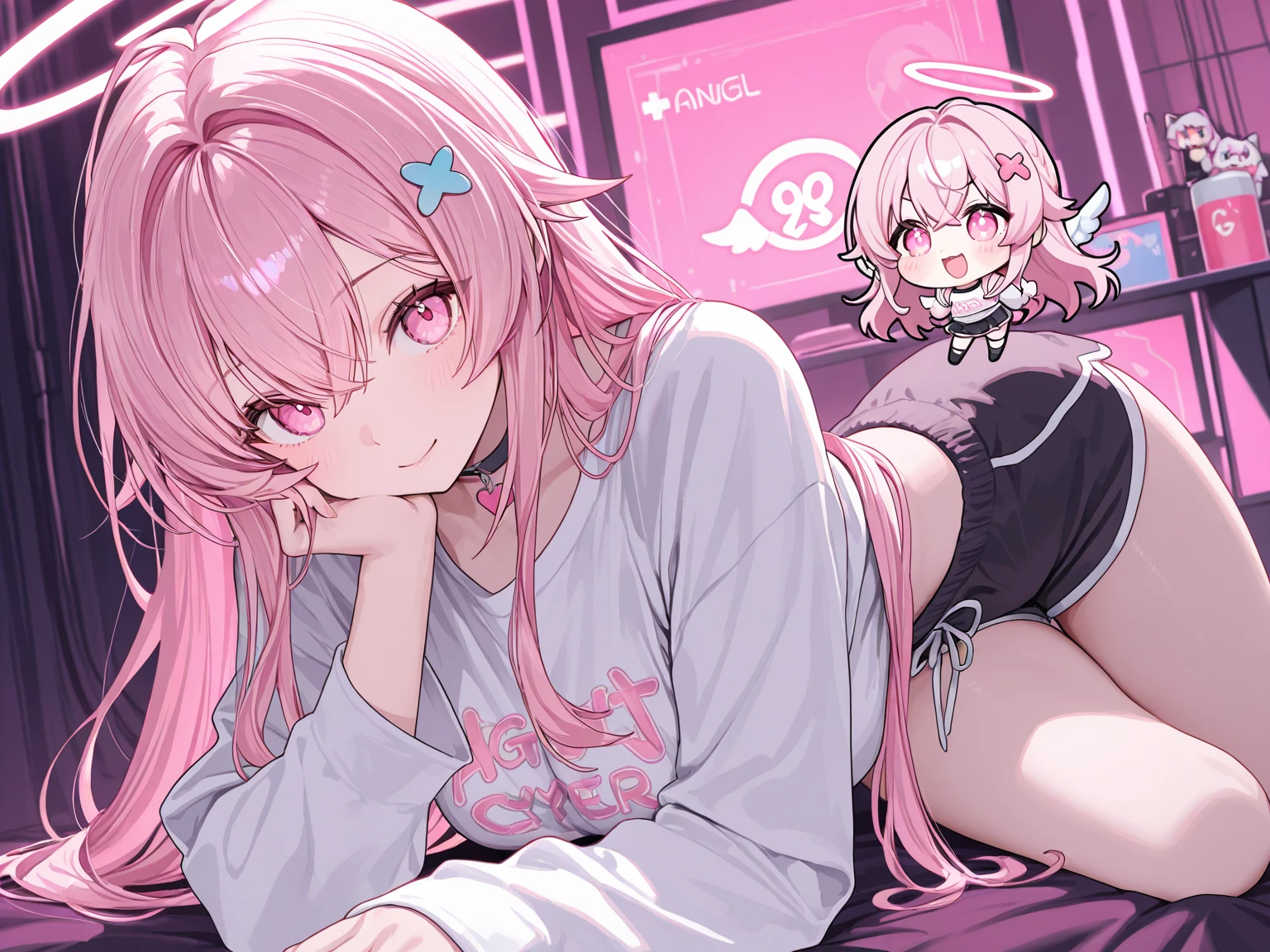 ((Masterpiece, best quality, high quality, very detailed CG uniform 8k wallpaper, very detailed, very detailed background)), detailed eyes, shiny hair, shiny skin, bright skin, ((1girl)), ((Vtuber, gamers , cat ear headphones, long pink hair, twin tails, pink hair, hoodies)), neon light, bedroom, ((was lying on her stomach hugging a pillow, looking at viewer, ahegao, blush, open mouth, blank stare, tongue, breath sticker))