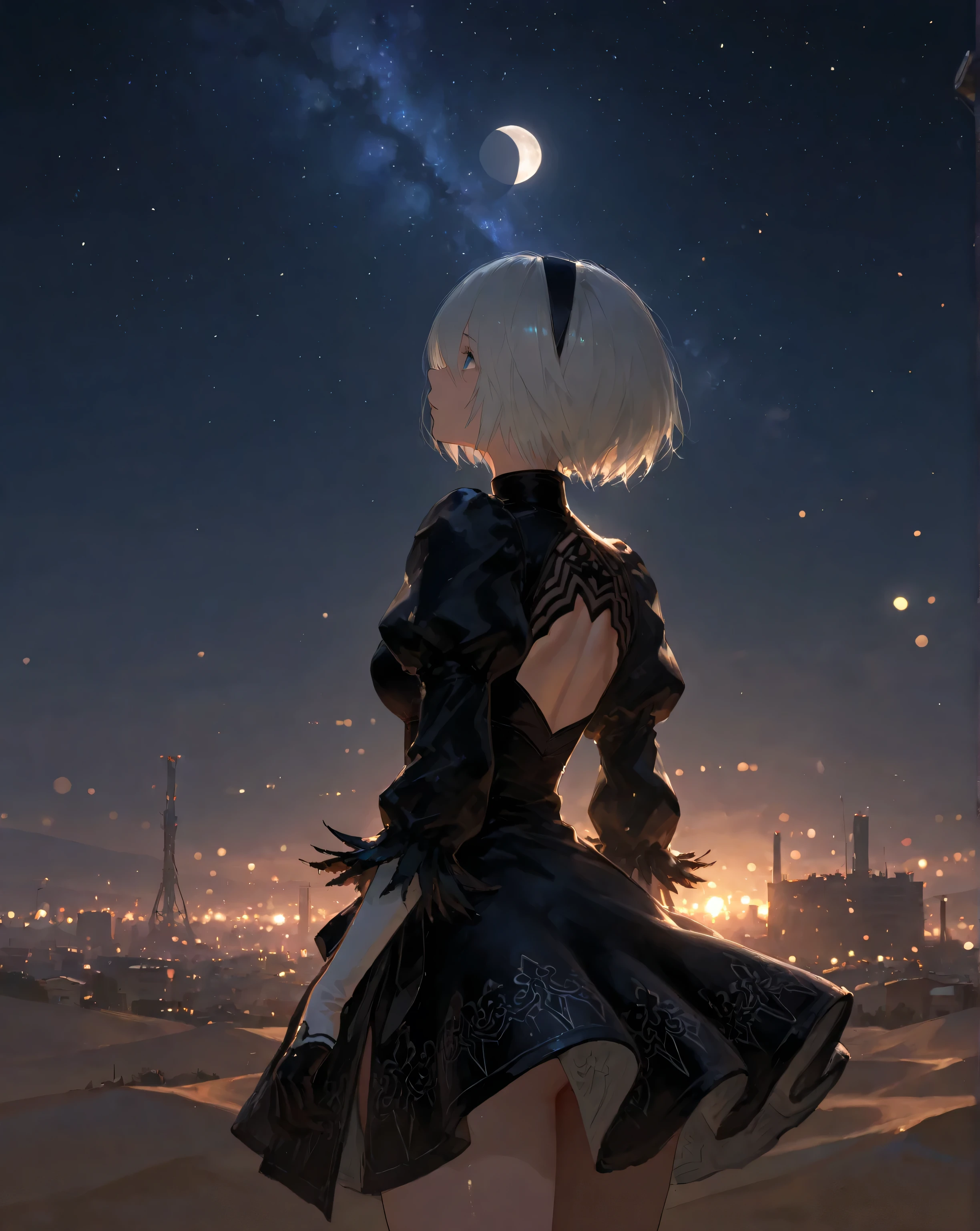 1girl, 2B_(NieR:Automata), High Quality, masterpiece, 4K, 8k, Hi-Res, Super Detailed, HDR, super high resolution, Studio Lighting, Ultra Fine Painting, extremely detailed explanation, Professional, bright colors, Bokeh, anime style,source anime ,shiny skin, cinematic, masterpiece, 最High Quality, Good quality, Newest, Industrial area, desert, ivy-covered city, night, starry sky, back view, black outfit, moon, sad, looking up at the sky, focus on face