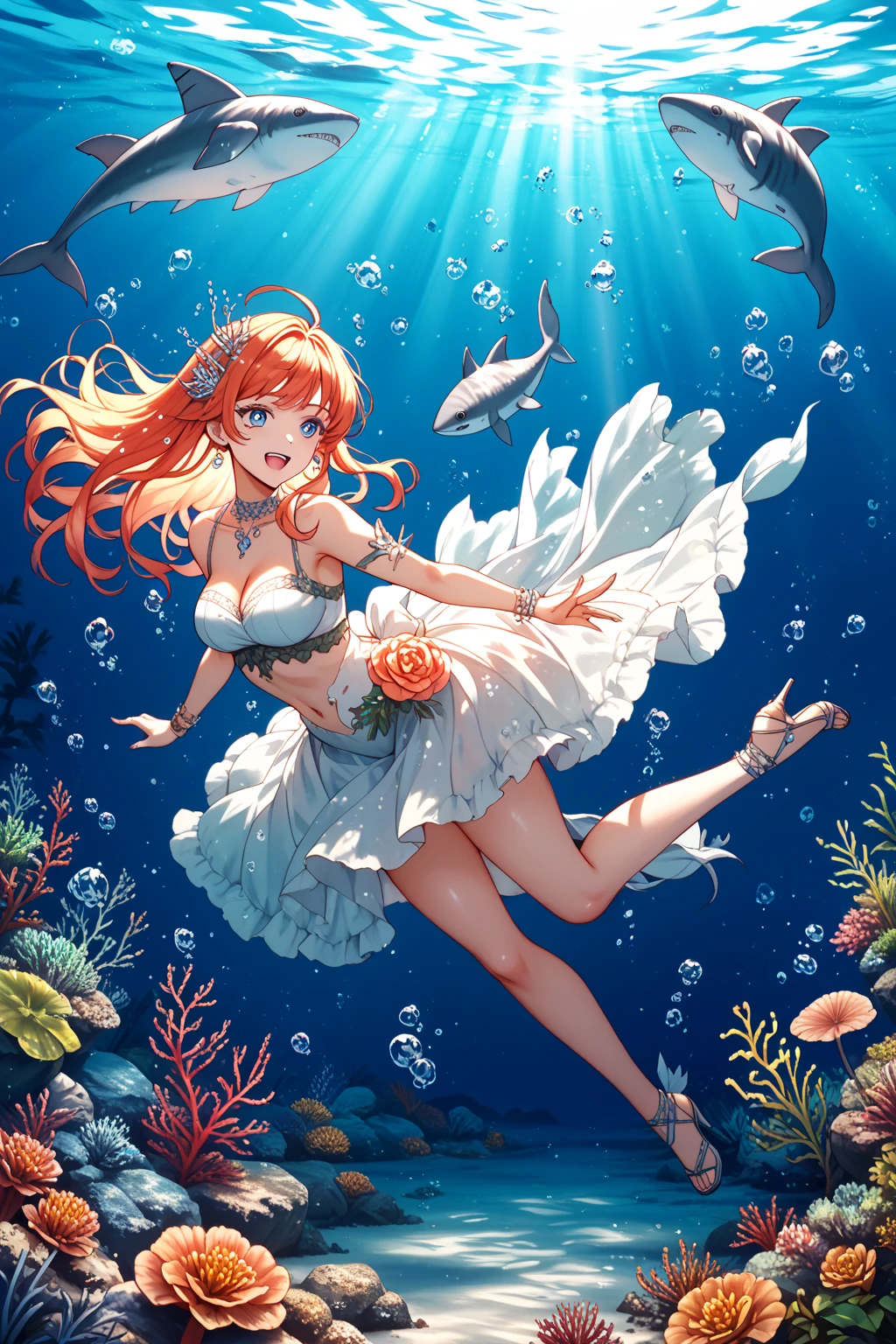 solo girl, (Ginger) hair with fringe, (Yellow, Blue) Bikini, swimming under water, she has fish in mouth, dark brown eyes, bubbles, coral, gold fish, sunlight