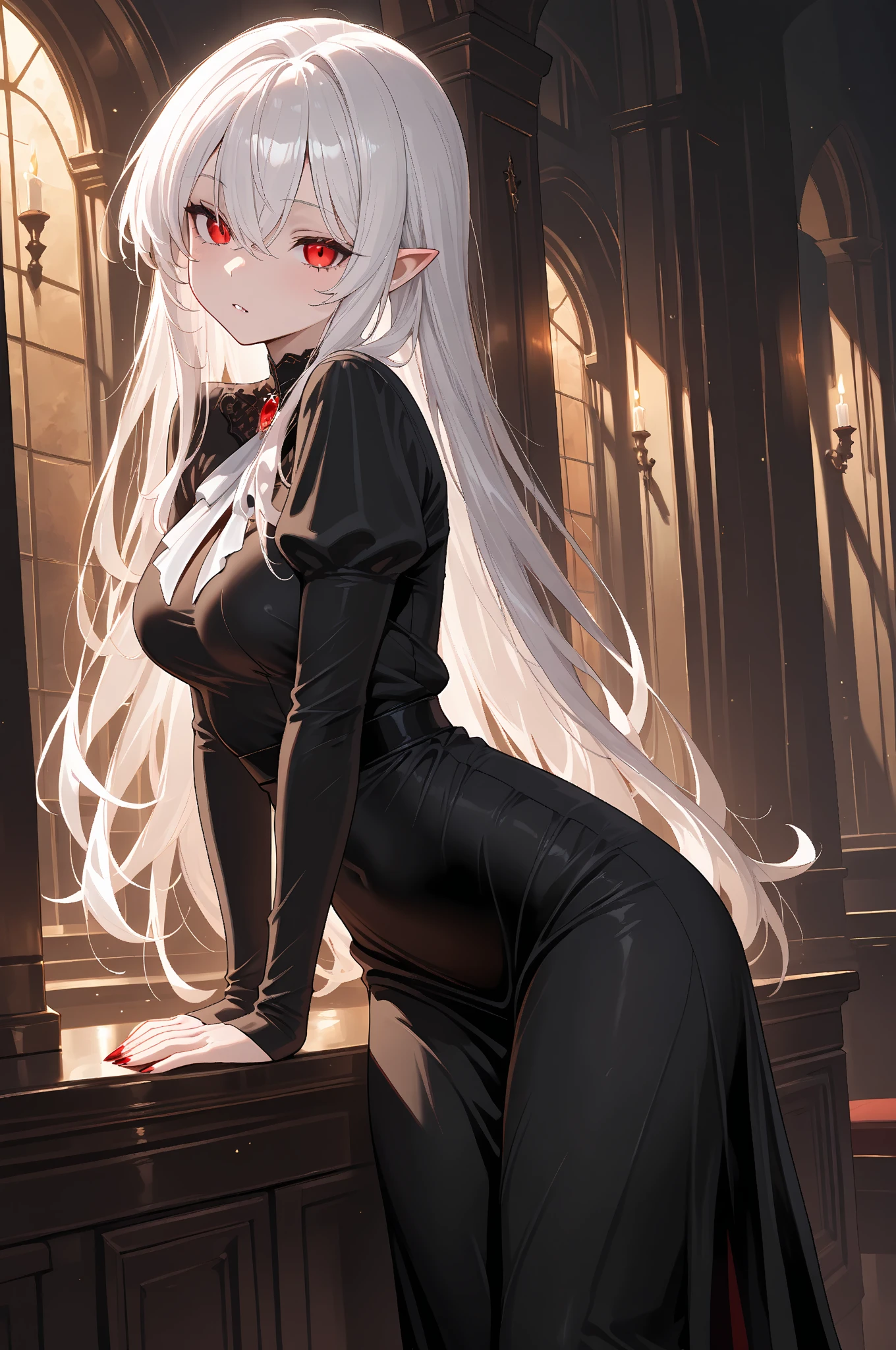 Girl with long white hair down to her waist, with small red details, red eyes, long black dress with a leg slit, with red details, long black boots up to below the knees, white skin, the ground around her is cracking and small stones are floating around her surrounded by a black aura, pelo canoso ojo rojo Ropa negra La guadañaを持っている botas Cocina dos enfermedades Frío cuervo La guadaña dark dark darkness 大La guadaña grim Reaper Big moon
