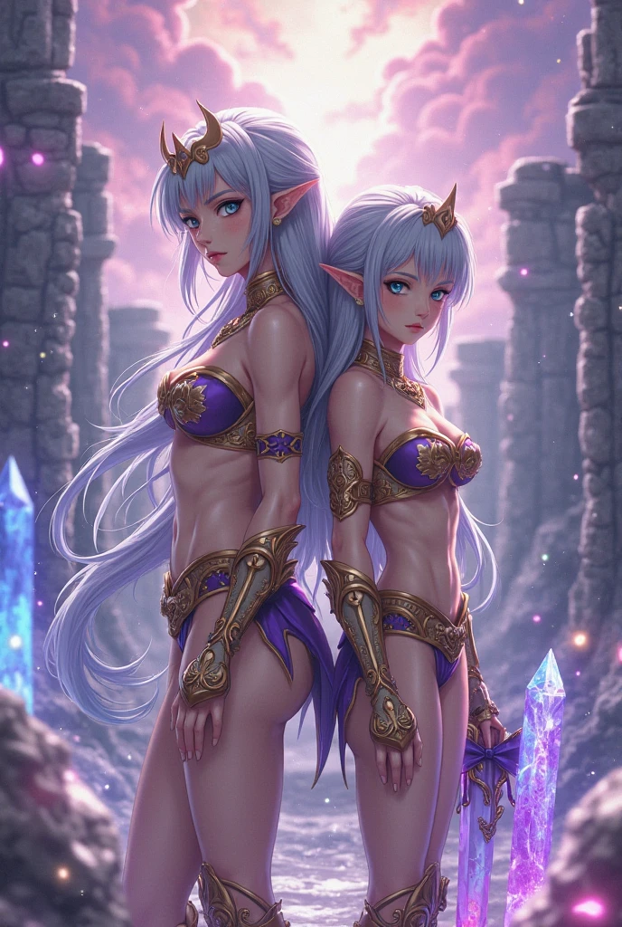 A beautiful female elf dragon hybrid with long flowing silver hair wearing glistening dragon scale skin armor, standing in a burning forest of flickering ash and smoke, female model, exposed body, full body portrait, thick thighs, large breasts, toned body,camel toe, breasts, life like, high definition, high resolution, Artificial intelligence, AI art, dynamic pose, delicate face, vibrant eyes, silver hair, streaked hair, very long hair, expressive hair, multicolored eyes, aqua eyes, purple eyes, light smile, shy, blush, parted lips, licking lips, heavy breathing, naughty face, naughty, sparkle, god rays, super detail, high quality, anatomically correct, textured skin, best quality,full body portrait, guweiz on artstation pixiv, flaming nova,fire in the sky, photo realism, ultra high detail, rich detail, sensual expression, resolution 4098x2160, 8k --auto --s2