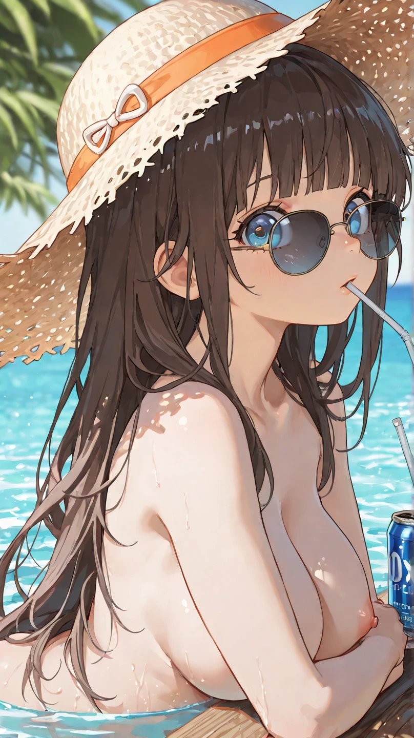NSFW、1 woman、brown hair(long)、brown eyes、black round glasses、 best quality、Super detailed、8K resolution、Raw photo、muste piece、seductive 、gorgeous face、perfect body、Ocean、bikini、smile
