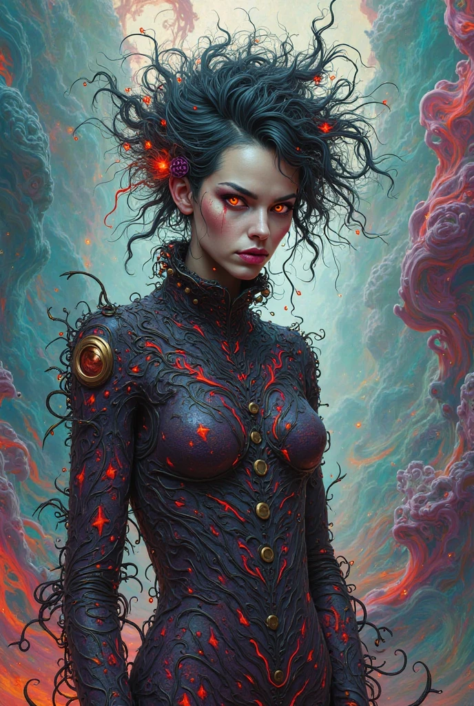 arafed woman with a black body and a blue dress with a red flame in her hair, dan mumford tom bagshaw, intricate body, intricate digital painting, stunning digital illustration, beautiful biomechanical djinn, woman made of black flames, tomasz alen kopera and cgsociety, digital painting | intricate, detailed fantasy digital art