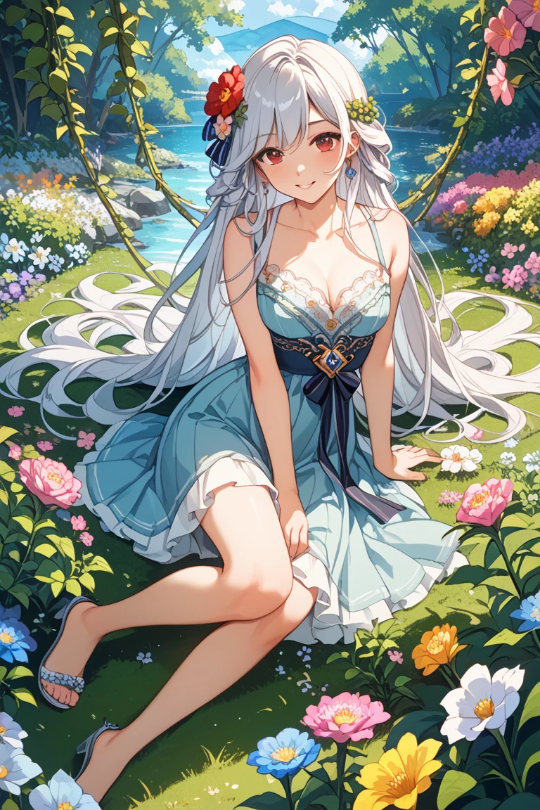 ((highest quality)), ((masterpiece)), (detailed), Perfect Face ,masterpiece, best quality, extremely detailed, anime, girl, blue eyes, silver hair, 8K, 4K,longhair,colorful,Wedding dress,small breast,expressive eyes,perfect face, moe, kawaii,cute,dress,eye focus, spectacular view, diamond shaped eyes, full body, Angel's wing,smile,flower garden, bouquet,eyes closed
