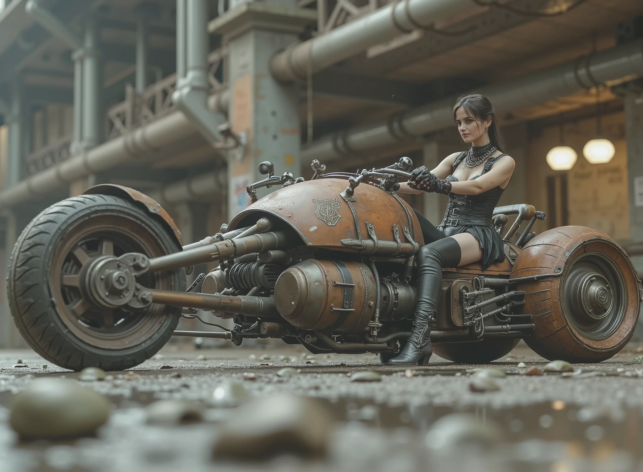 The image shows a desolate scenario with a woman, tilted and taking the handlebars to adapt to speed on a uniquely designed motorcycle that embodies a steampunk or post-apocalyptic aesthetic. The motorcycle is sturdy, has only 2 sturdy all-terrain wheels, with a mix of exposed mechanical components, are evident such as large barrels and intricate pipes, with a worn palette of rusty colors with saturation and graffiti that hints at its robust durability. The woman, dressed in a striking and small sensual and gothic outfit in black leather with corset, straps and chains as well as punk jewelry and industrial calf-length boots, radiates confidence with her miniskirt. Her outfit suggests a rebellious and daring style wearing lots of punk silver jewelry and showing off her Aztec tattoos, to complement the intense environment. The dark, desolate and deserted industrial background, which contrasts with the elegance of the motorcycle. The ground is wet, possibly due to the recent rain, that reflects light weight and that contributes to changing environment of the scene. Elements of dirt and decay are evident, but the composition retains a sense of dynamic action and adventure.