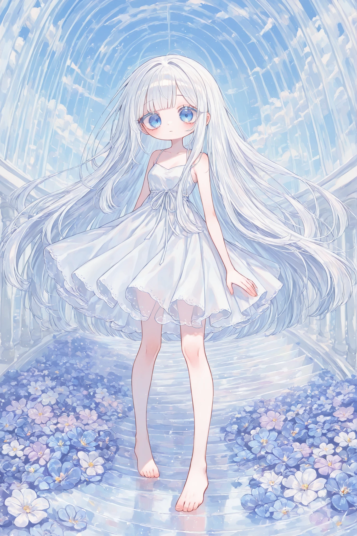 (edanoma_meu_illu,) Albino: She has straight white hair without bangs. She has blue eyes. She is wearing a white lace summer dress with white ribbons at the waist. She walks barefoot and plays on a transparent glass piano. in the background: a sunny day, blue sky with light rainbow clouds over an endless field of nemophiles, blue flowers. There is a transparent glass piano in the center of a blooming field. Nearby, a transparent glass staircase leads to the sky. The notes build skyscrapers out of glass.