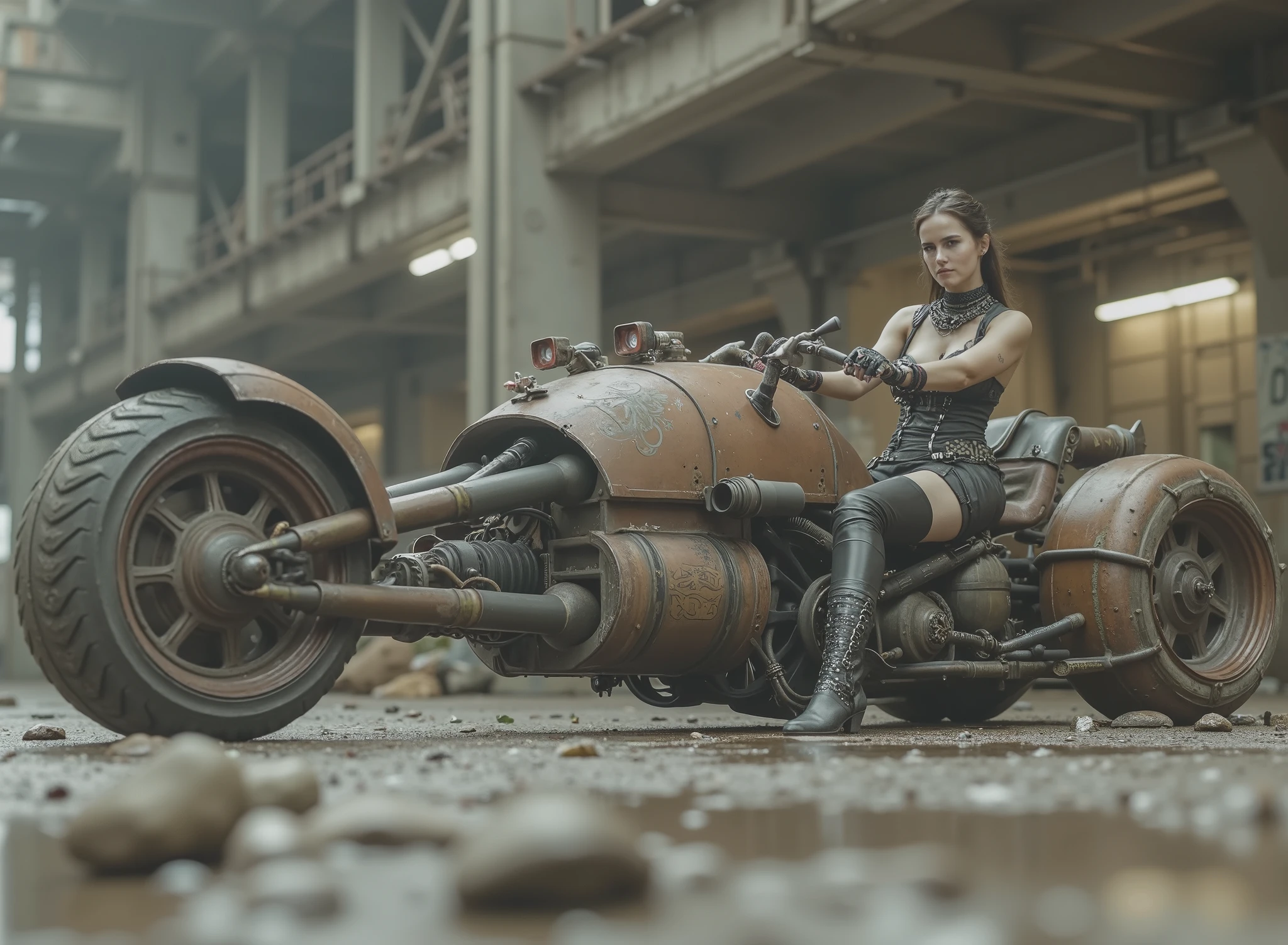 The image shows a desolate scenario with a woman, tilted and taking the handlebars to adapt to speed on a uniquely designed motorcycle that embodies a steampunk or post-apocalyptic aesthetic. The motorcycle is sturdy, has only 2 sturdy all-terrain wheels, with a mix of exposed mechanical components, are evident such as large barrels and intricate pipes,  with a worn palette of rusty colors with saturation and graffiti that hints at its robust durability. The woman, dressed in a striking and small sensual and gothic outfit in black leather with corset, straps and chains as well as punk jewelry and industrial calf-length boots, radiates confidence with her miniskirt. Her outfit suggests a rebellious and daring style wearing lots of punk silver jewelry and showing off her Aztec tattoos, to complement the intense environment. The dark, desolate and deserted industrial background,  which contrasts with the elegance of the motorcycle. The ground is wet, possibly due to the recent rain, that reflects light weight and that contributes to changing environment of the scene. Elements of dirt and decay are evident, but the composition retains a sense of dynamic action and adventure.