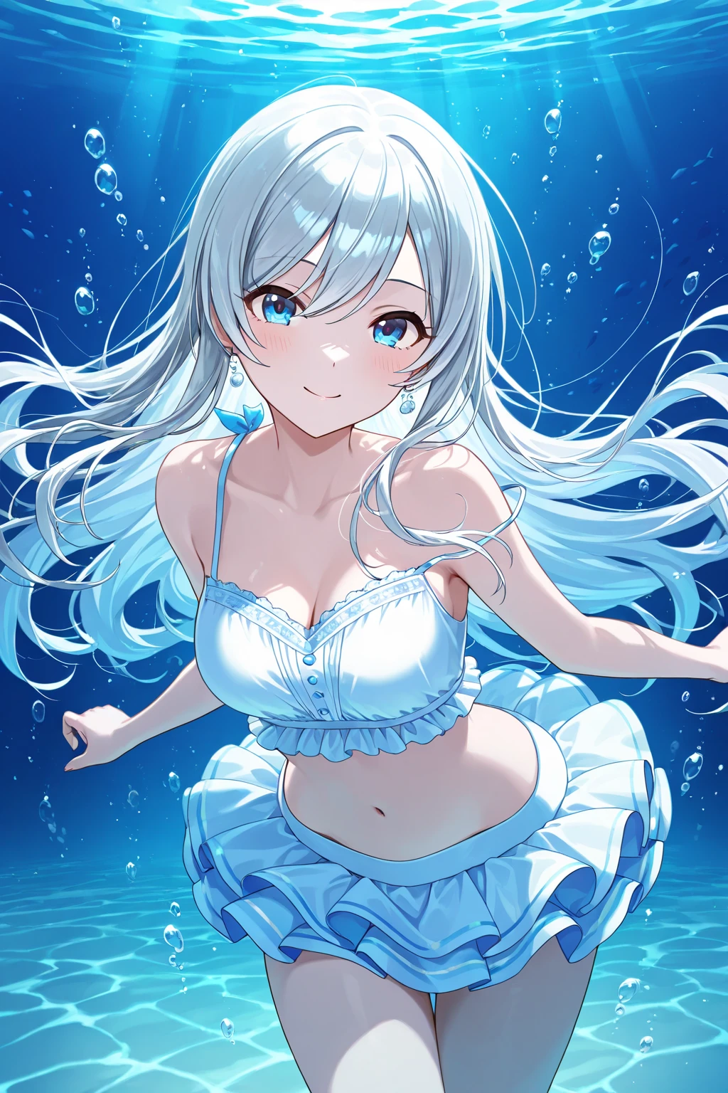 anime、Vibrant colors、In the water、Uplifting、A beautiful woman swimming in the ocean at 100km per hour、20 years old、Long Hair、Calm、Bright eyes、Sparkling eyes、Large Breasts、An innocent smile、10 cute penguins、100 vibrant tropical fish、1000 glittering particles