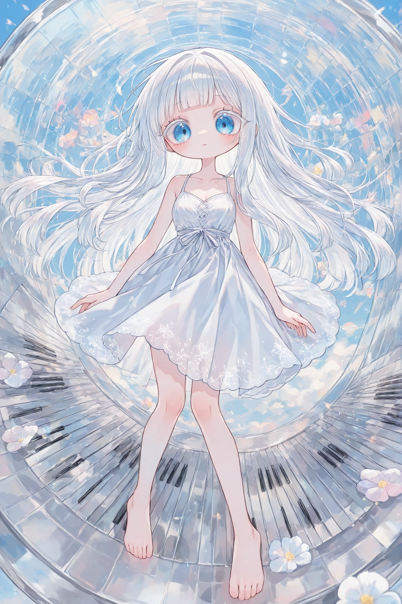 (edanoma_meu_illu,) Albino: She has straight white hair without bangs. She has blue eyes. She is wearing a white lace summer dress with white ribbons at the waist. She walks barefoot and plays on a transparent glass piano. in the background: a sunny day, blue sky with light rainbow clouds over an endless field of nemophiles, blue flowers. There is a transparent glass piano in the center of a blooming field. Nearby, a transparent glass staircase leads to the sky. The notes build skyscrapers out of glass.