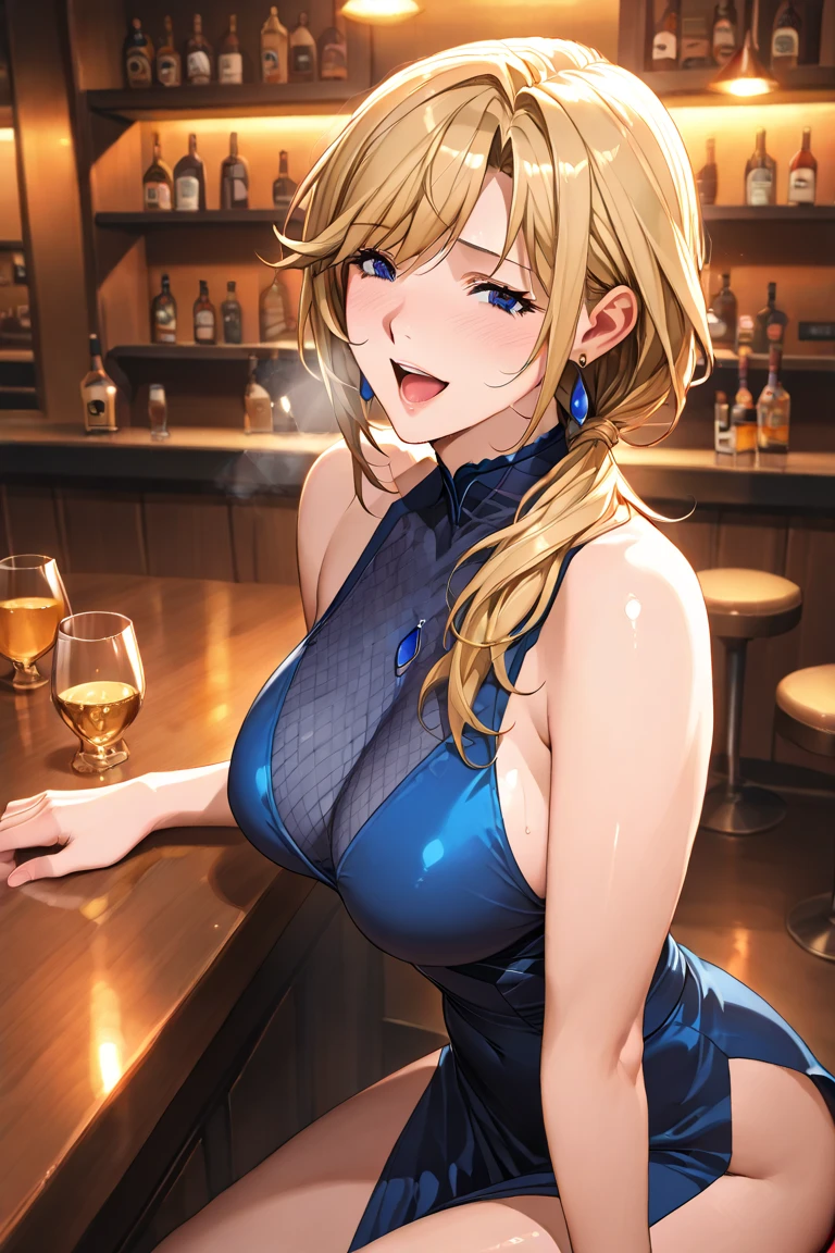 Best quality , masterpiece, Portrait、、Bright expression、ponytail、Young, shiny, white, glossy skin、Gloss Face、Shining Cheek Gloss、Small Face Beauty、The best beauty、The dazzling light of blonde hair、Bright blonde hair with dazzling highlights、Very beautiful shiny light blonde hair、super long silky straight hair、Her shiny, beautiful bangs are covering her eyes.、Sparkling, clear, attractive, bright, large, pale blue eyes、Very big eyes、eyeliner、very beautiful lovely cute 16 year old girl、young girl, Ample Bust, upper body , (smile:1.2) , (((bartender:1.2, ponytail )))),in room ,huge breast 